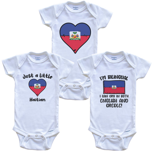 Haiti Flag Cry in Creole Cute Haitian Baby Bodysuit Bundle (3 Piece Set)