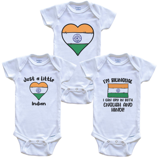 India Flag Cry in Hindi Cute Indian Baby Bodysuit Bundle (3 Piece Set)