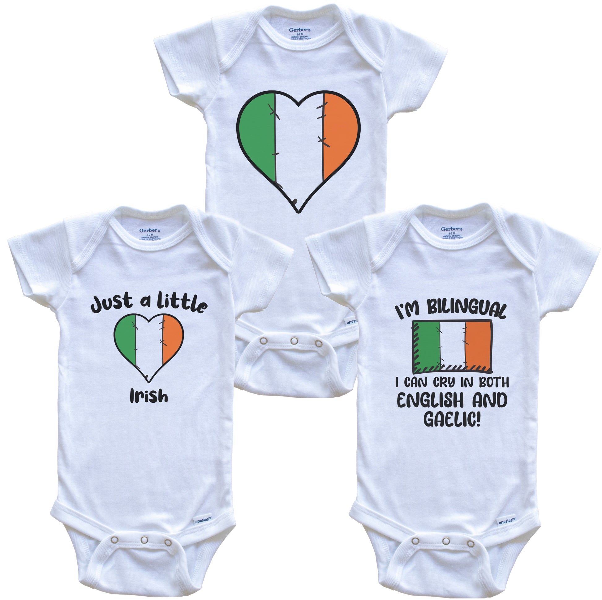 Ireland Flag Cry in Gaelic Cute Irish Baby Bodysuit Bundle (3 Piece Set)