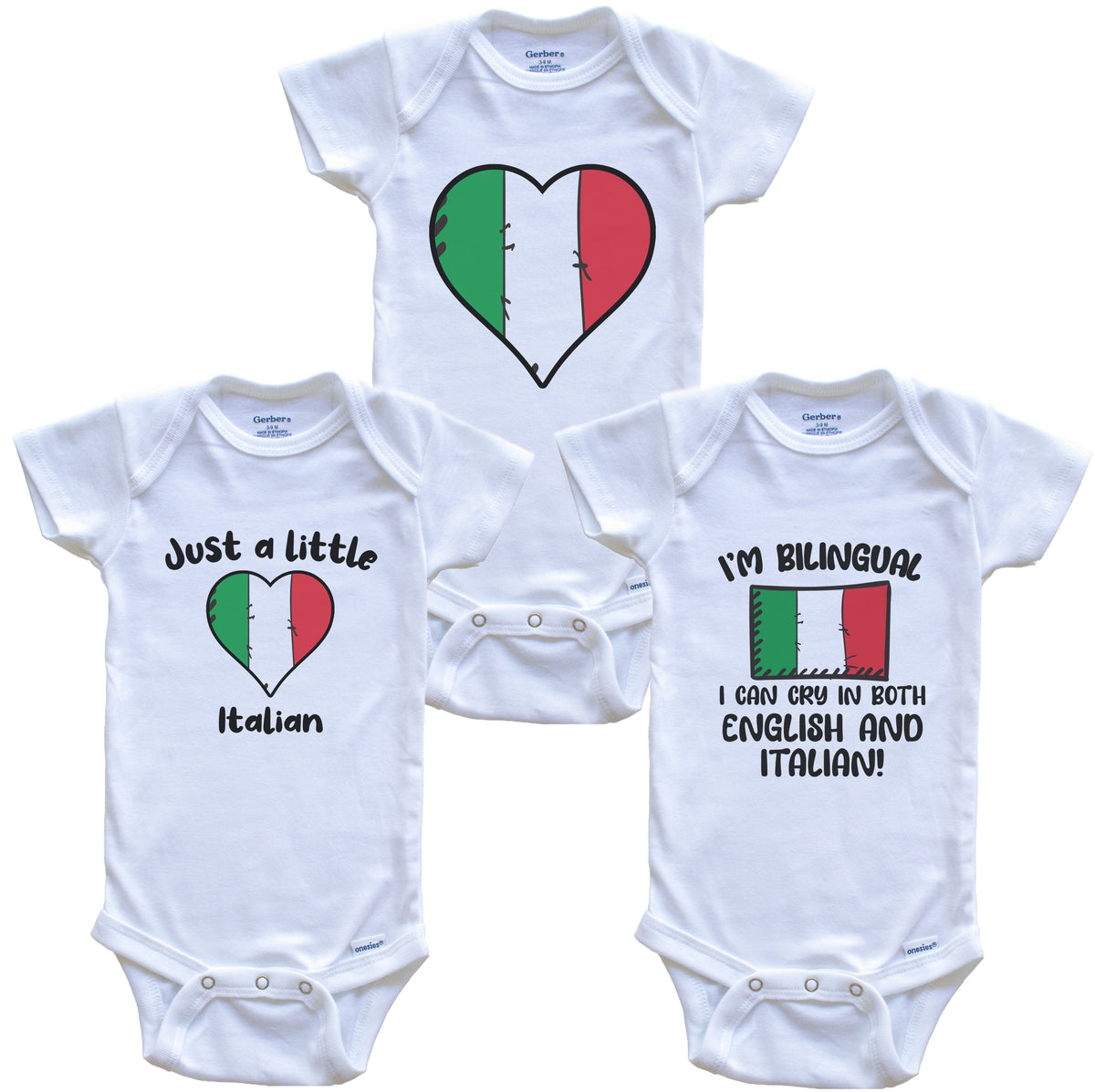 Italy Flag Cry in Italian Cute Italian Baby Bodysuit Bundle (3 Piece Set)