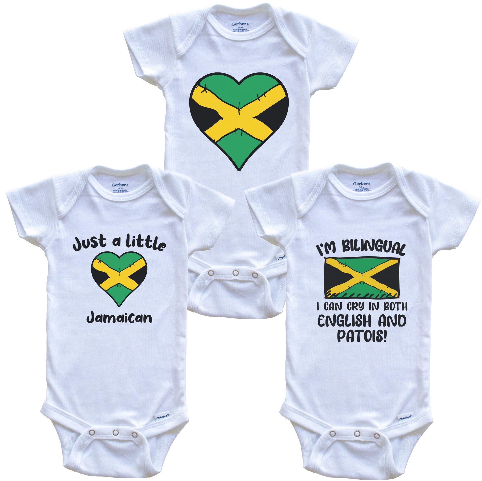 Jamaica Flag Cry in Patois Cute Jamaican Baby Bodysuit Bundle (3 Piece Set)