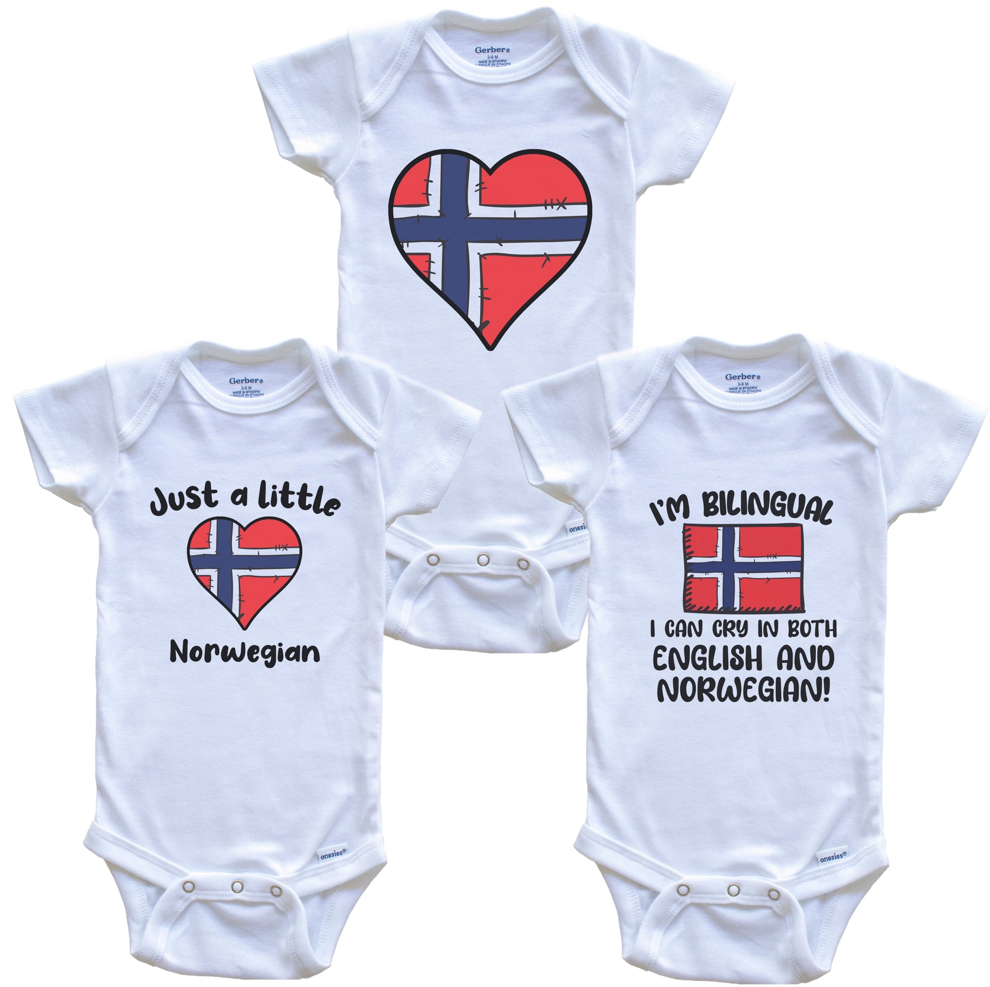 Norway Flag Cry in Norwegian Cute Norwegian Baby Bodysuit Bundle (3 Piece Set)