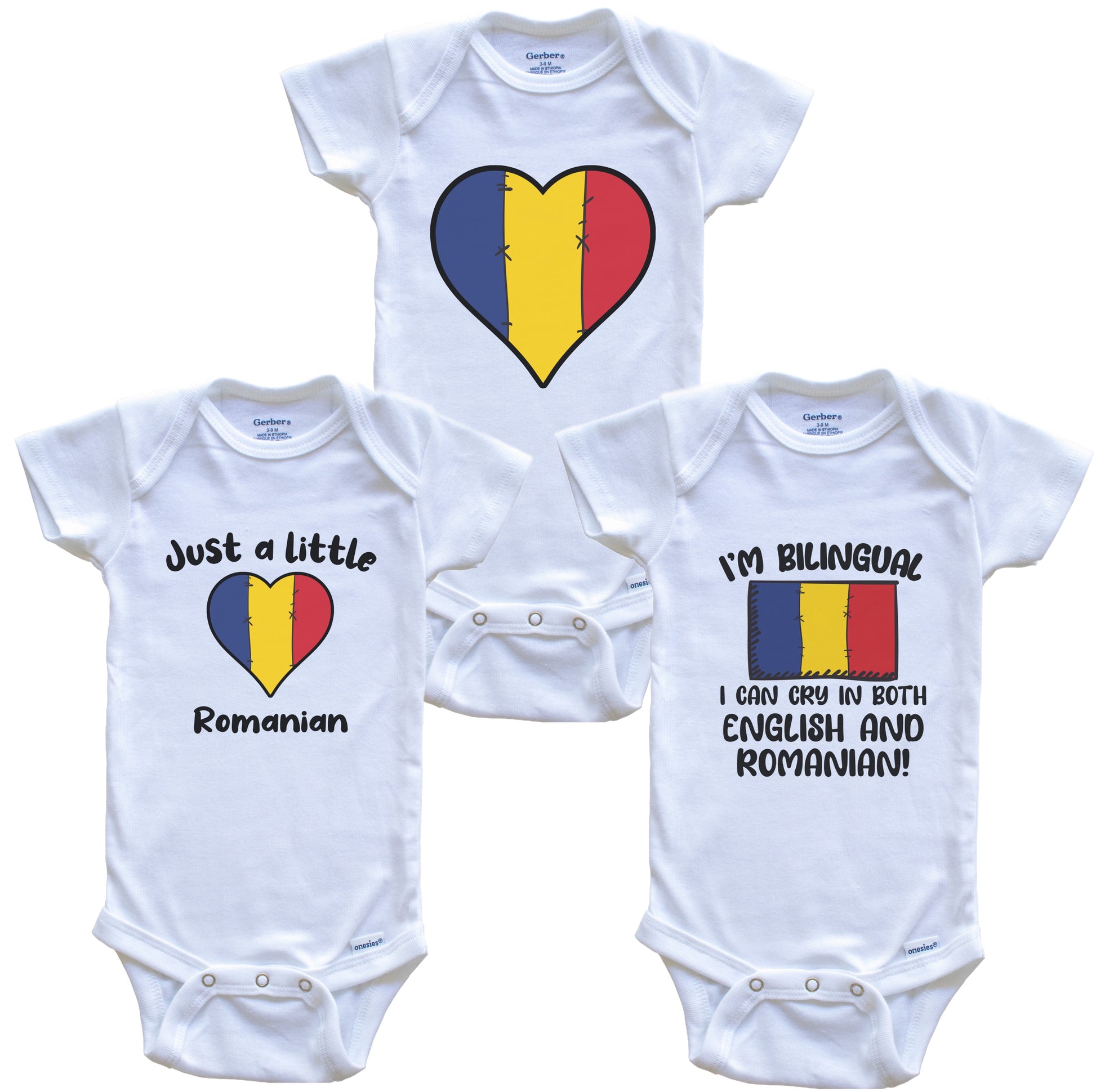 Romania Flag Cry in Romanian Cute Romanian Baby Bodysuit Bundle (3 Piece Set)
