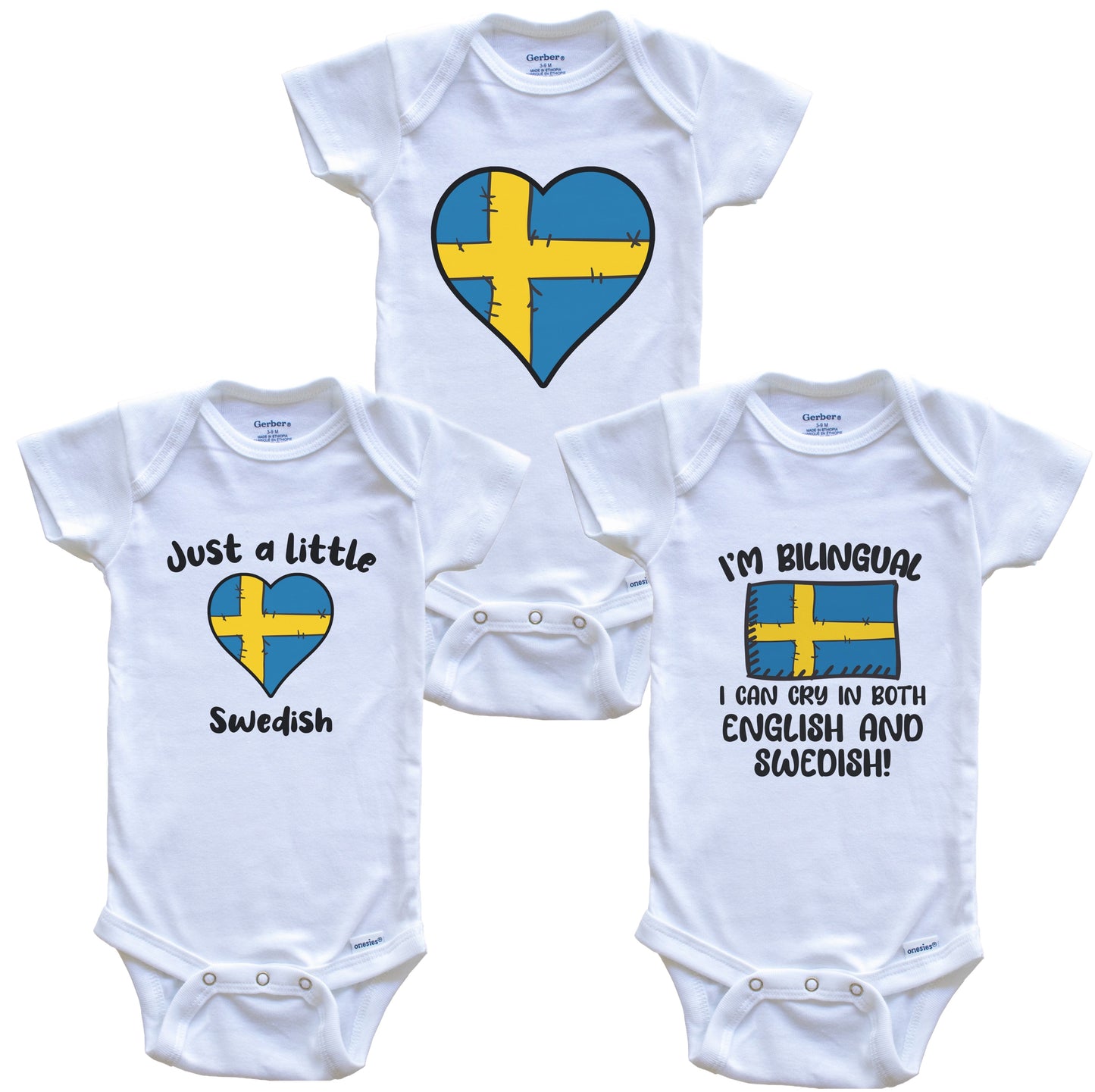 Sweden Flag Cry in Swedish Cute Swedish Baby Bodysuit Bundle (3 Piece Set)