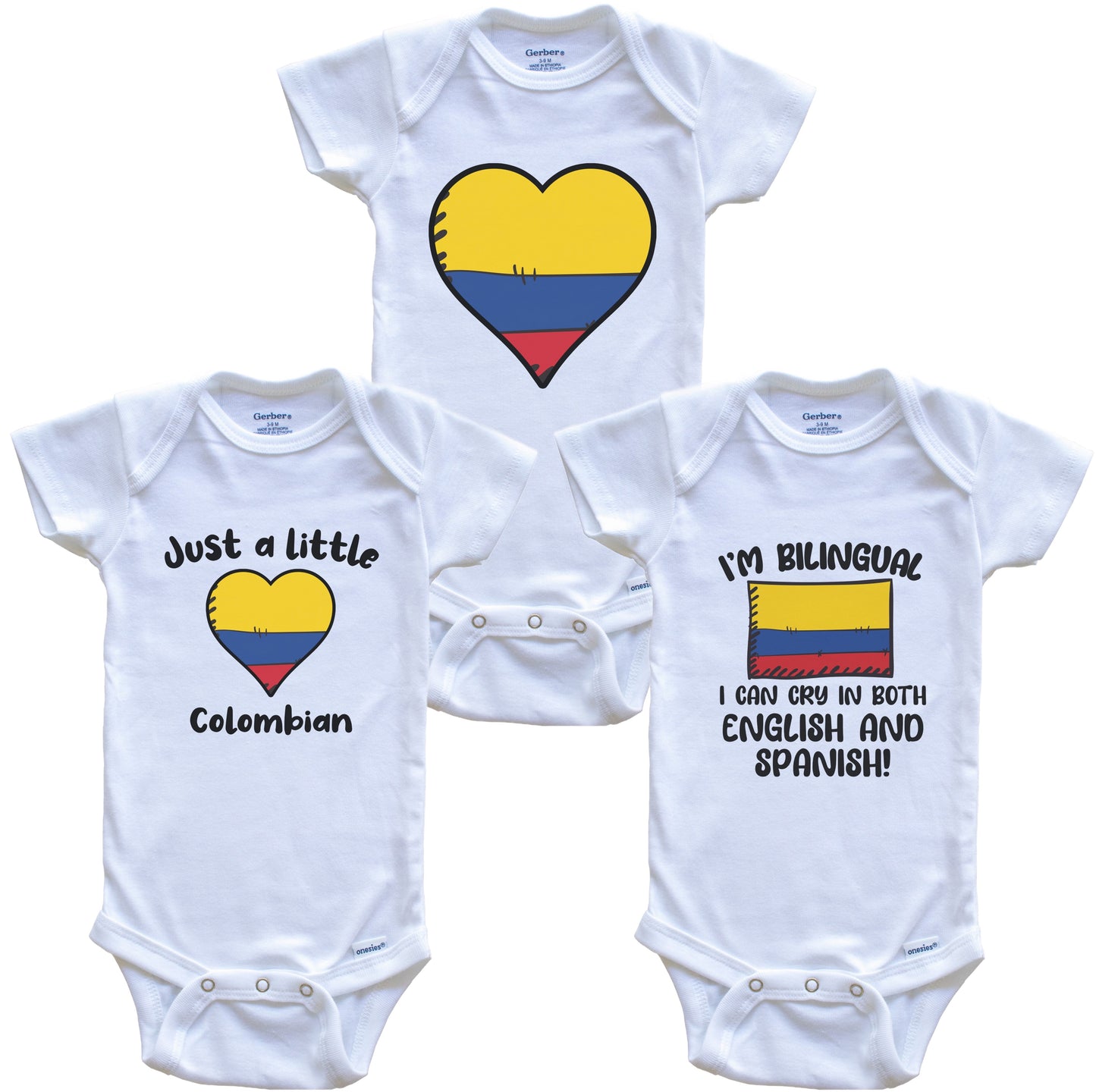 Colombia Flag Cry in Spanish Cute Colombian Baby Bodysuit Bundle (3 Piece Set)