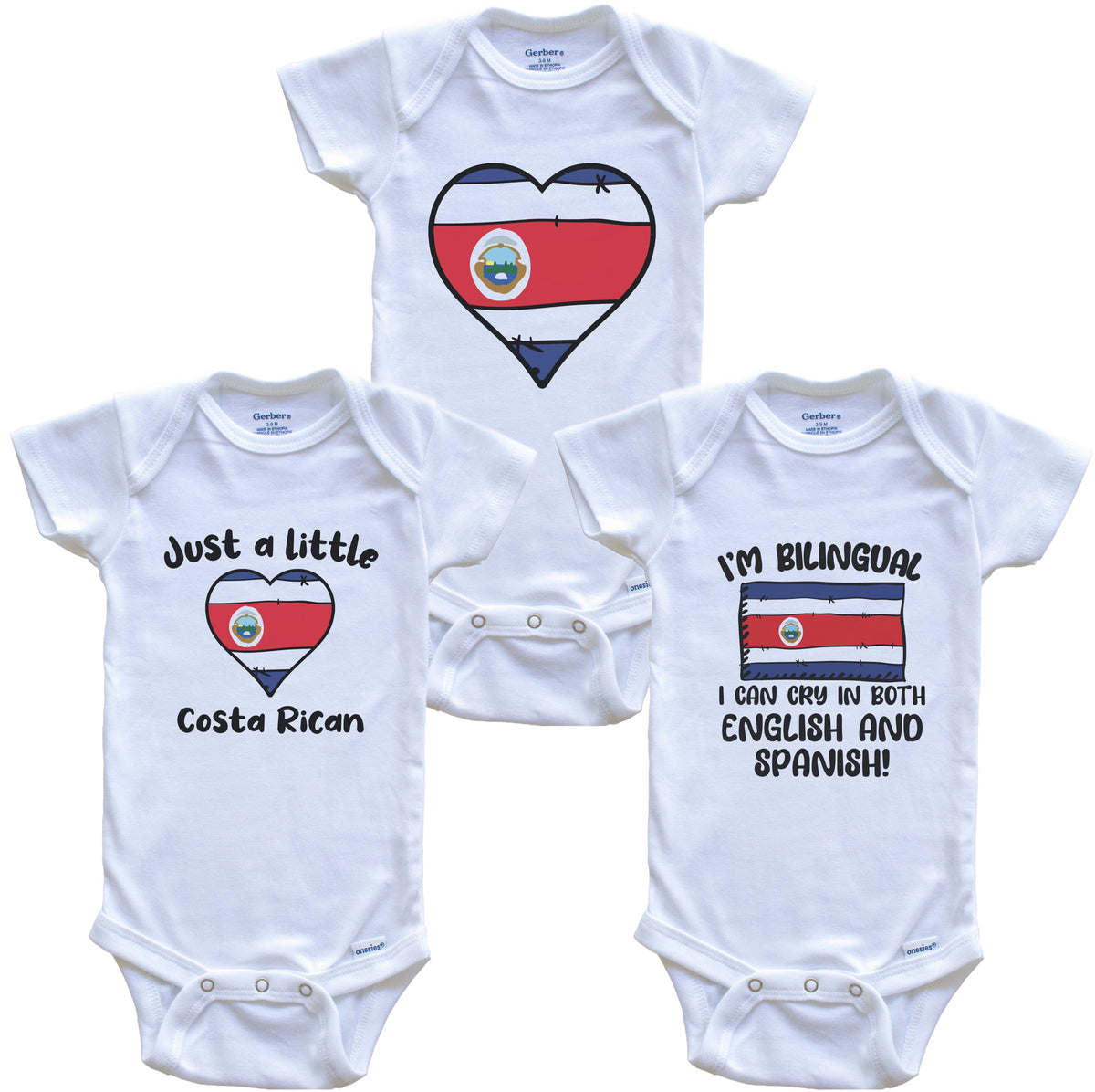 Costa Rica Flag Cry in Spanish Cute Costa Rican Baby Bodysuit Bundle (3 Piece Set)