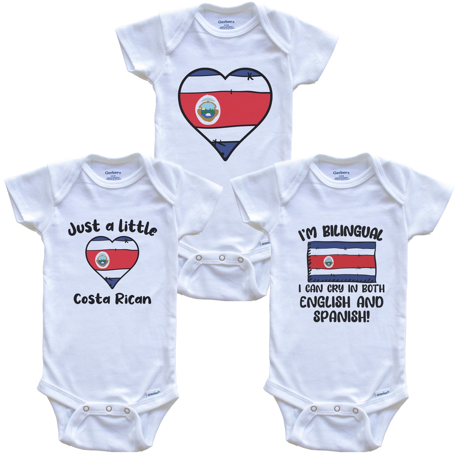 Costa Rica Flag Cry in Spanish Cute Costa Rican Baby Bodysuit Bundle (3 Piece Set)