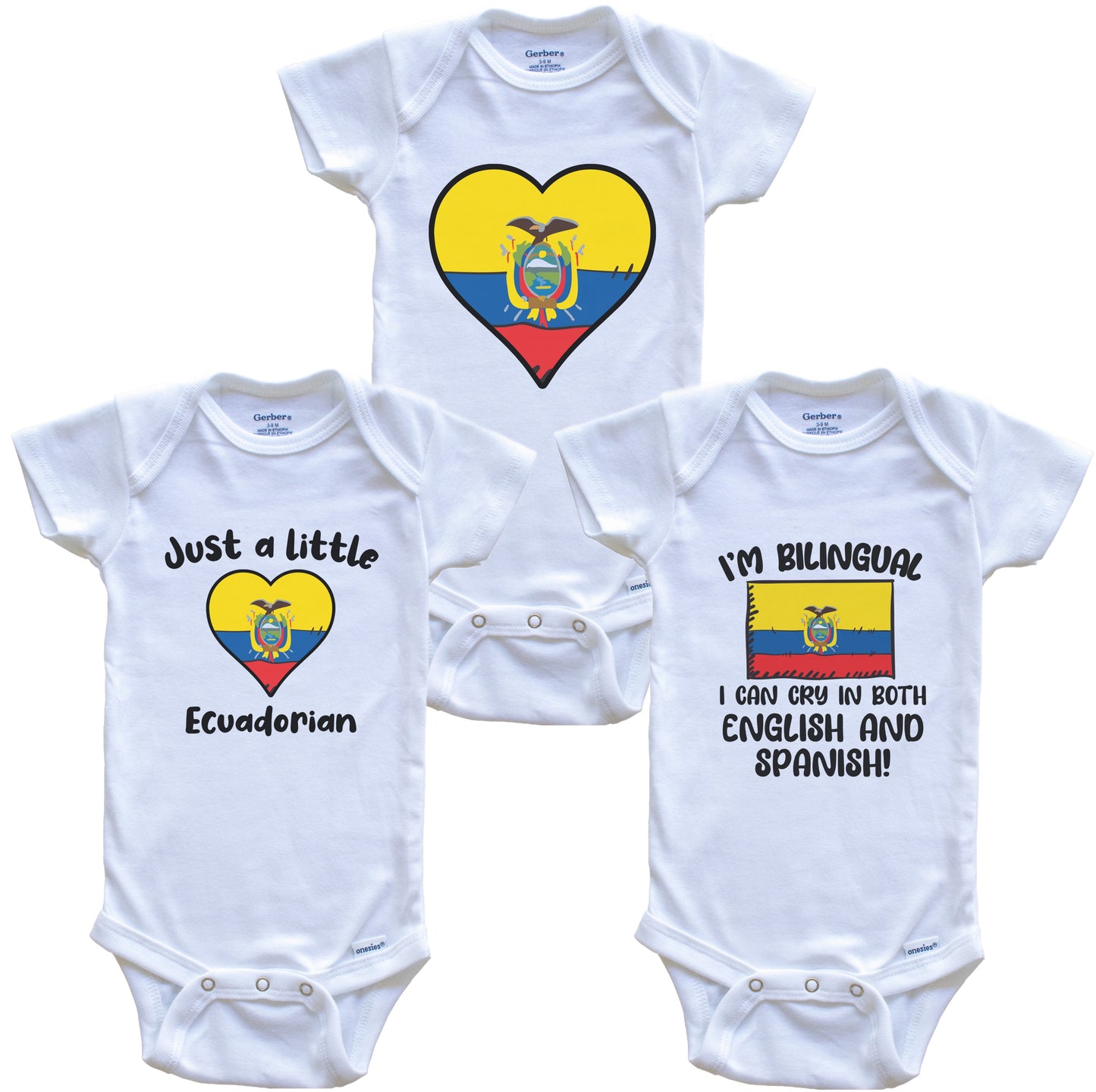 Ecuador Flag Cry in Spanish Cute Ecuadorian Baby Bodysuit Bundle (3 Piece Set)