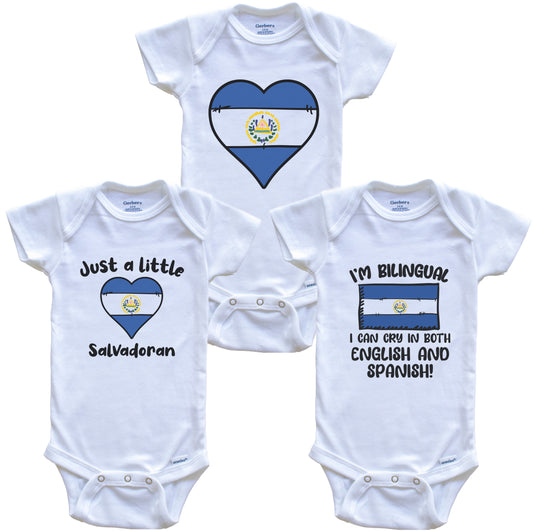 El Salvador Flag Cry in Spanish Cute Salvadoran Baby Bodysuit Bundle (3 Piece Set)
