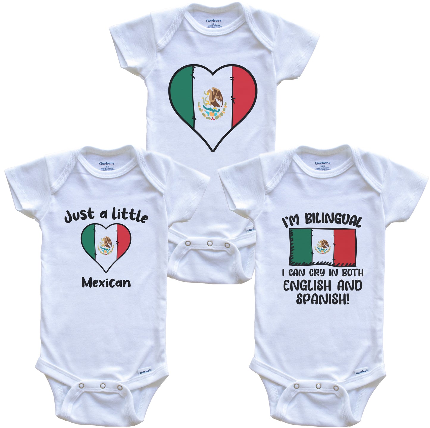 Mexico Flag Cry in Spanish Cute Mexican Baby Bodysuit Bundle (3 Piece Set)