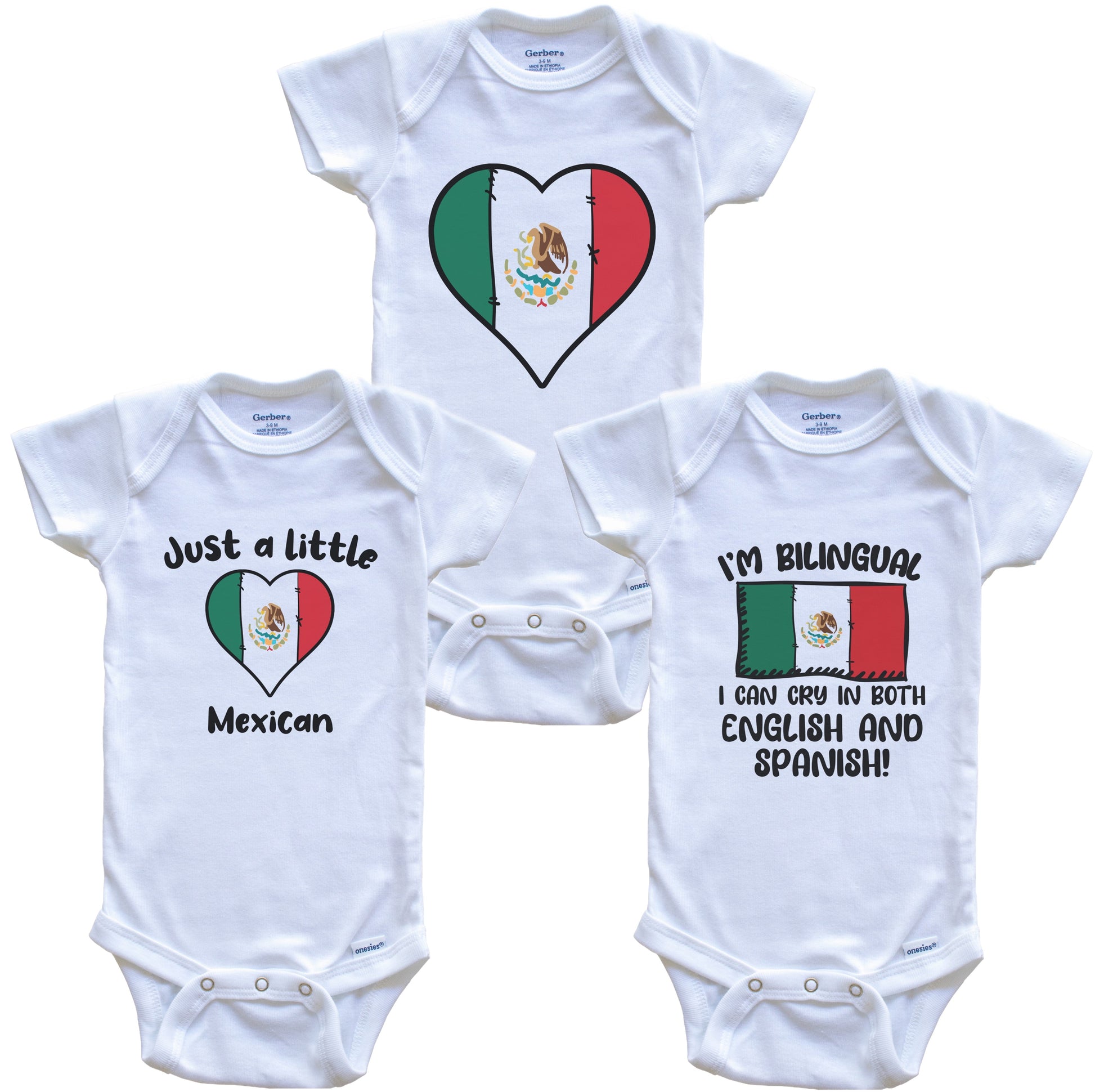Mexico Flag Cry in Spanish Cute Mexican Baby Bodysuit Bundle (3 Piece Set)