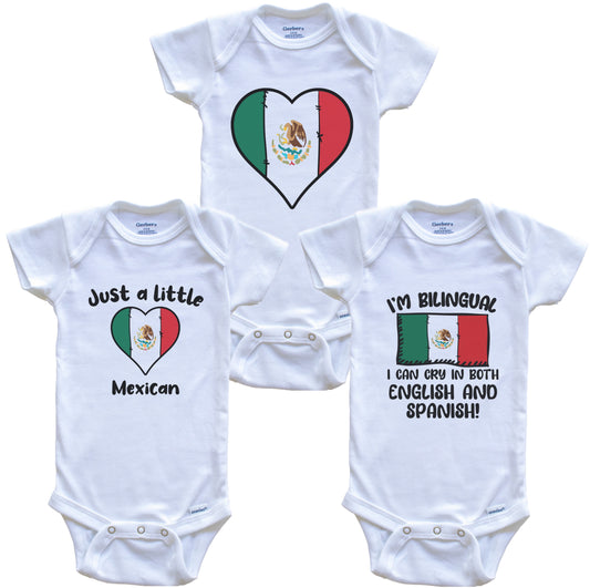 Mexico Flag Cry in Spanish Cute Mexican Baby Bodysuit Bundle (3 Piece Set)