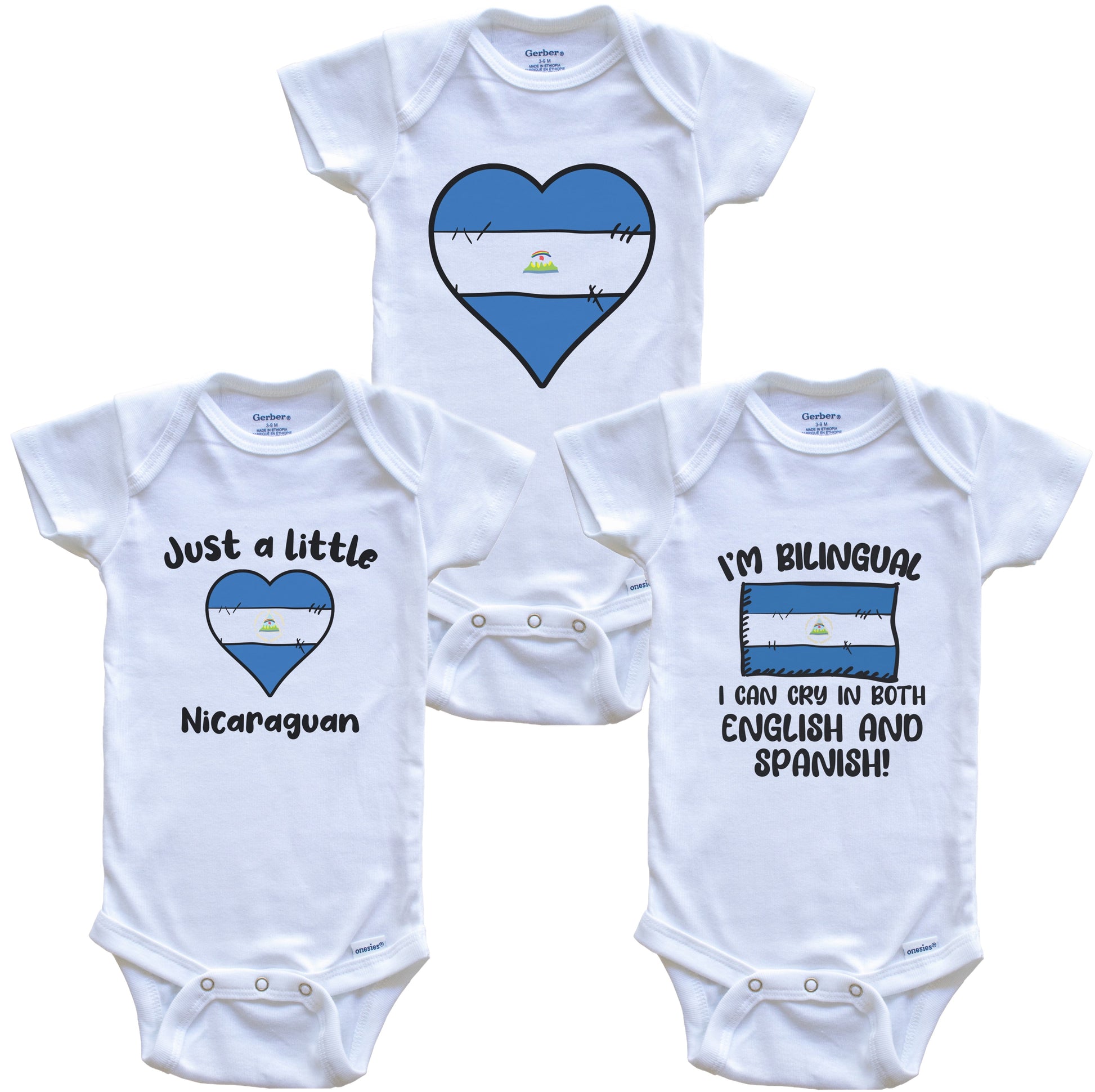 Nicaragua Flag Cry in Spanish Cute Nicaraguan Baby Bodysuit Bundle (3 Piece Set)
