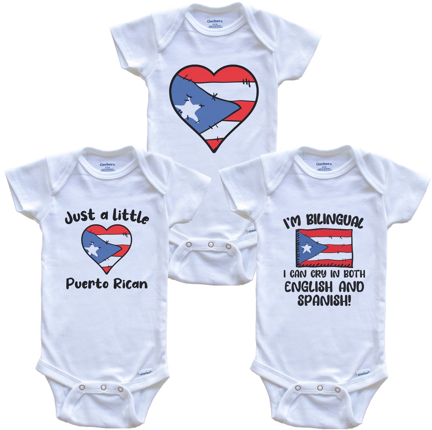 Puerto Rico Flag Cry in Spanish Cute Puerto Rican Baby Bodysuit Bundle (3 Piece Set)