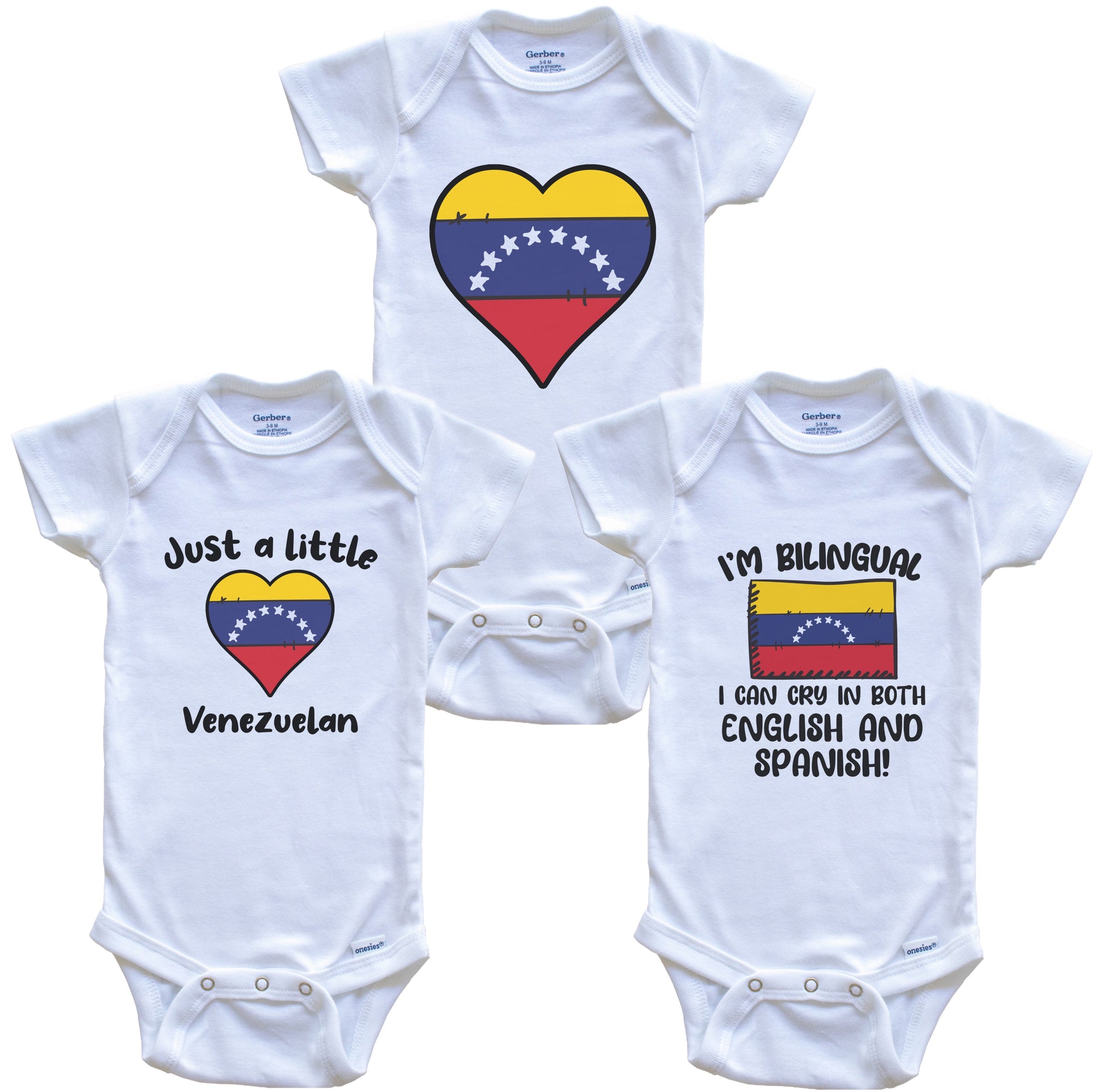 Venezuela Flag Cry in Spanish Cute Venezuelan Baby Bodysuit Bundle (3 Piece Set)