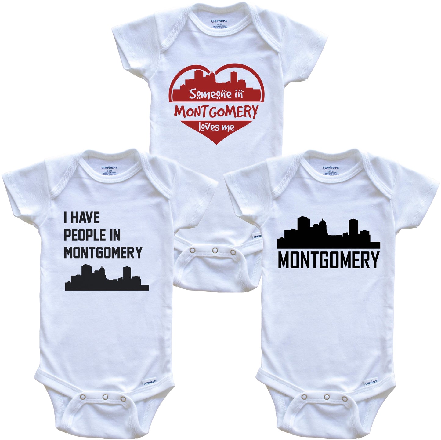 Montgomery Alabama Skyline Baby Bodysuit Bundle (3 Piece Set)