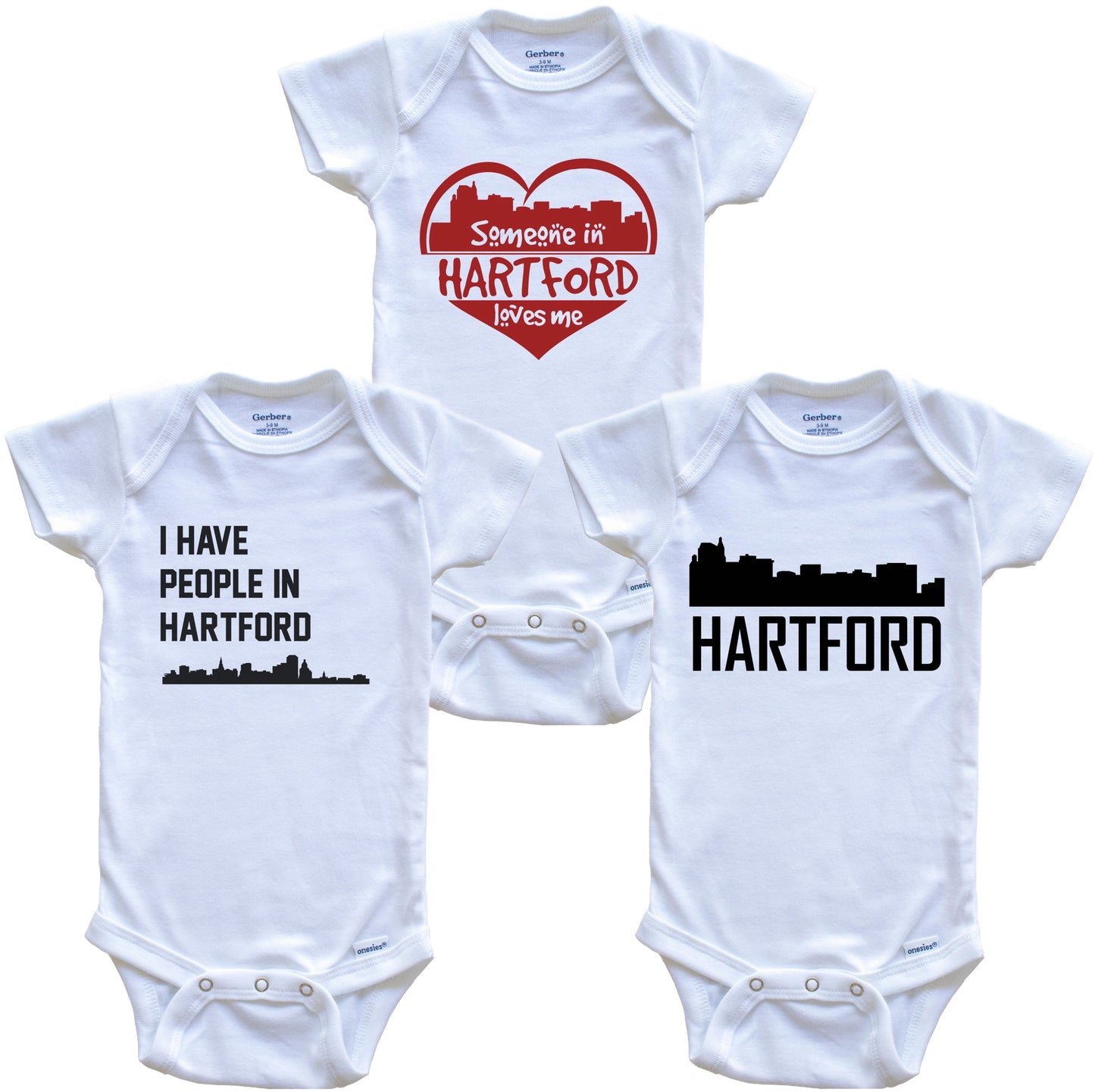 Hartford Connecticut Skyline Baby Bodysuit Bundle (3 Piece Set)