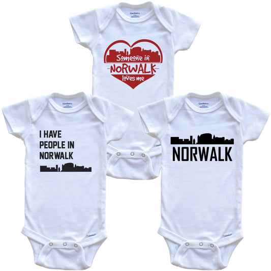 Norwalk Connecticut Skyline Baby Bodysuit Bundle (3 Piece Set)