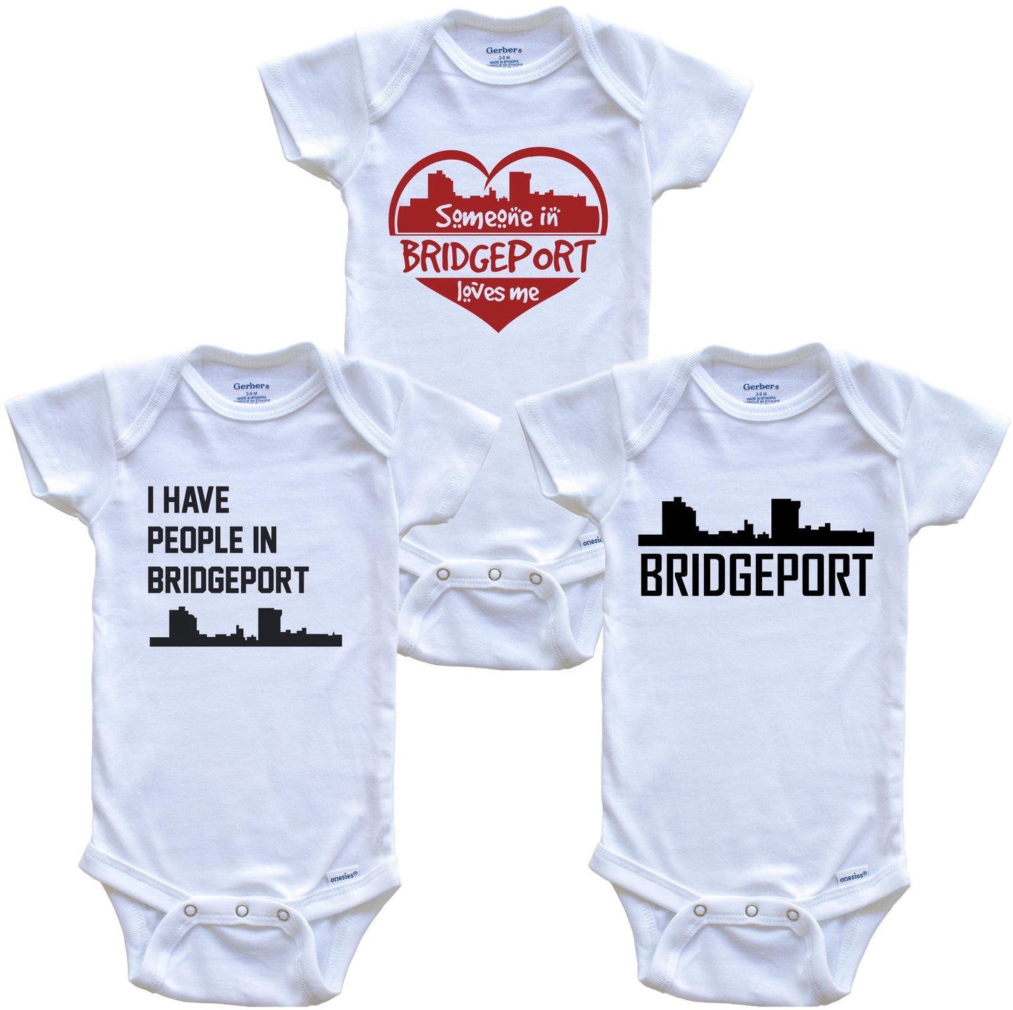 Bridgeport Connecticut Skyline Baby Bodysuit Bundle (3 Piece Set)