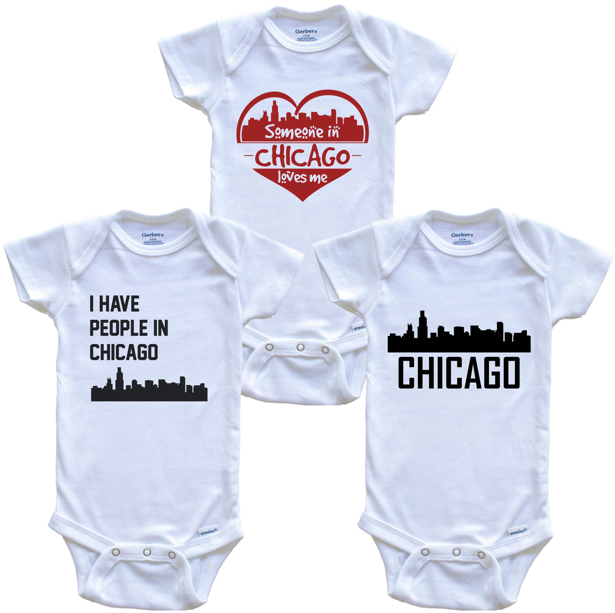 Chicago Illinois Skyline Baby Bodysuit Bundle (3 Piece Set)