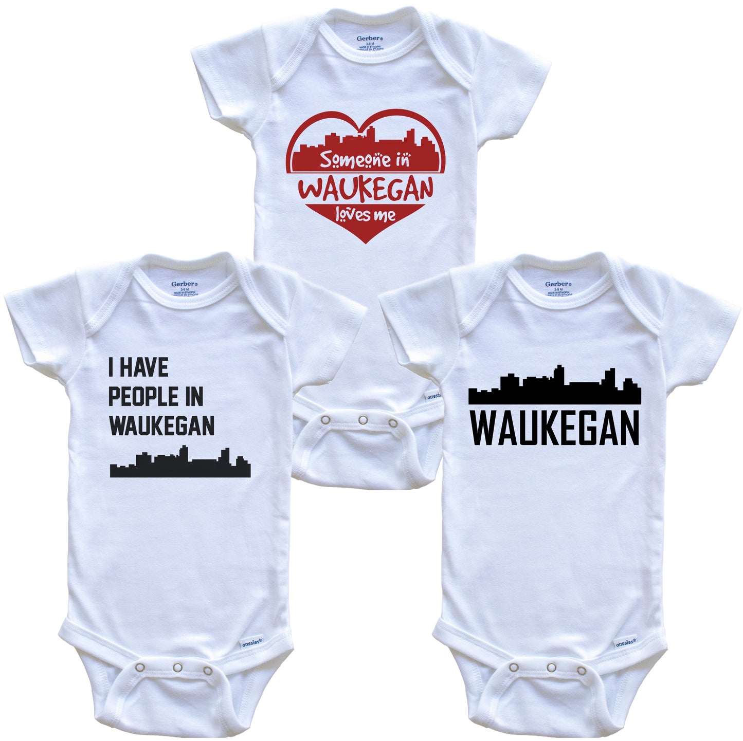Waukegan Illinois Skyline Baby Bodysuit Bundle (3 Piece Set)