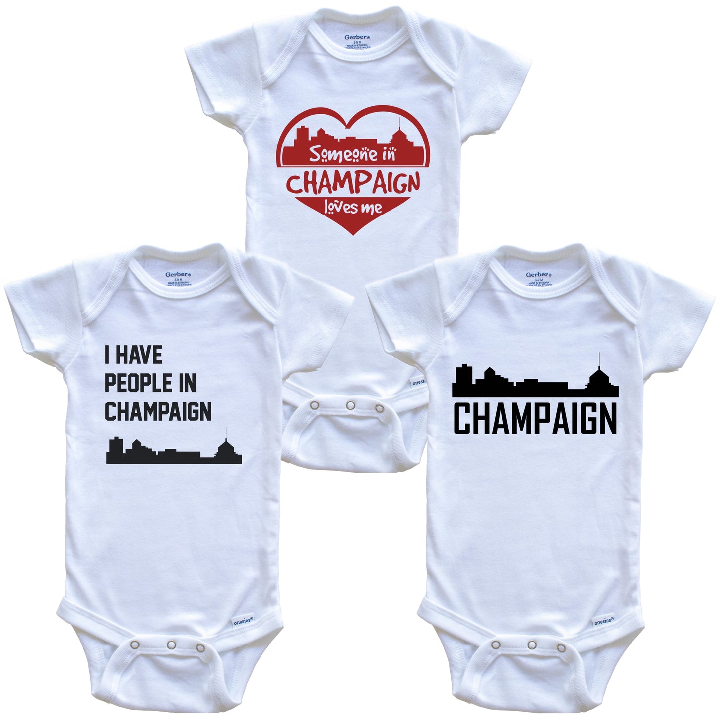 Champaign Illinois Skyline Baby Bodysuit Bundle (3 Piece Set)
