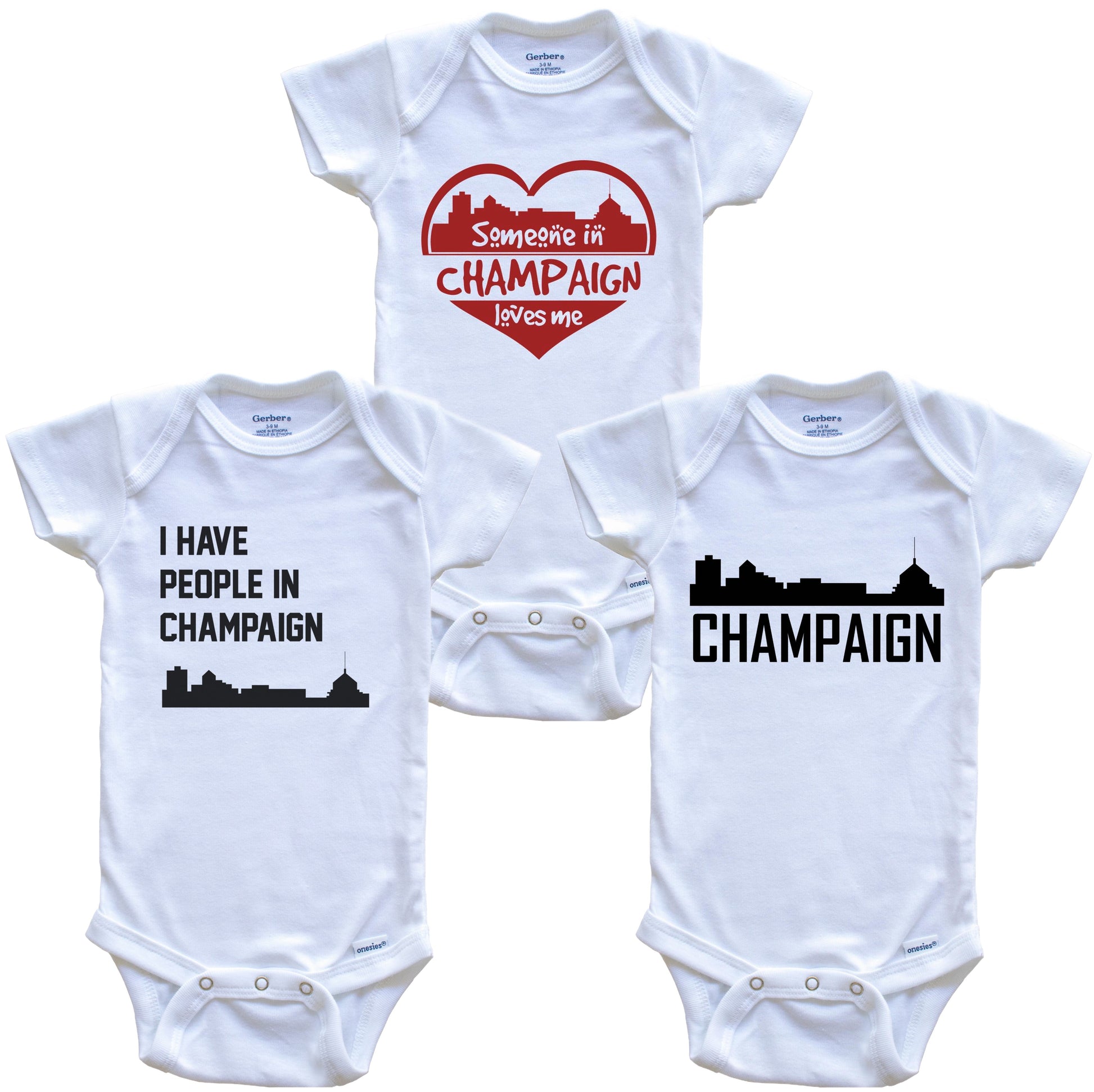 Champaign Illinois Skyline Baby Bodysuit Bundle (3 Piece Set)