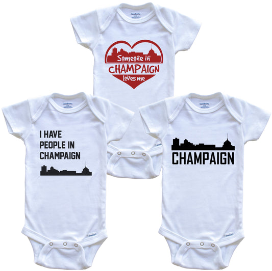 Champaign Illinois Skyline Baby Bodysuit Bundle (3 Piece Set)