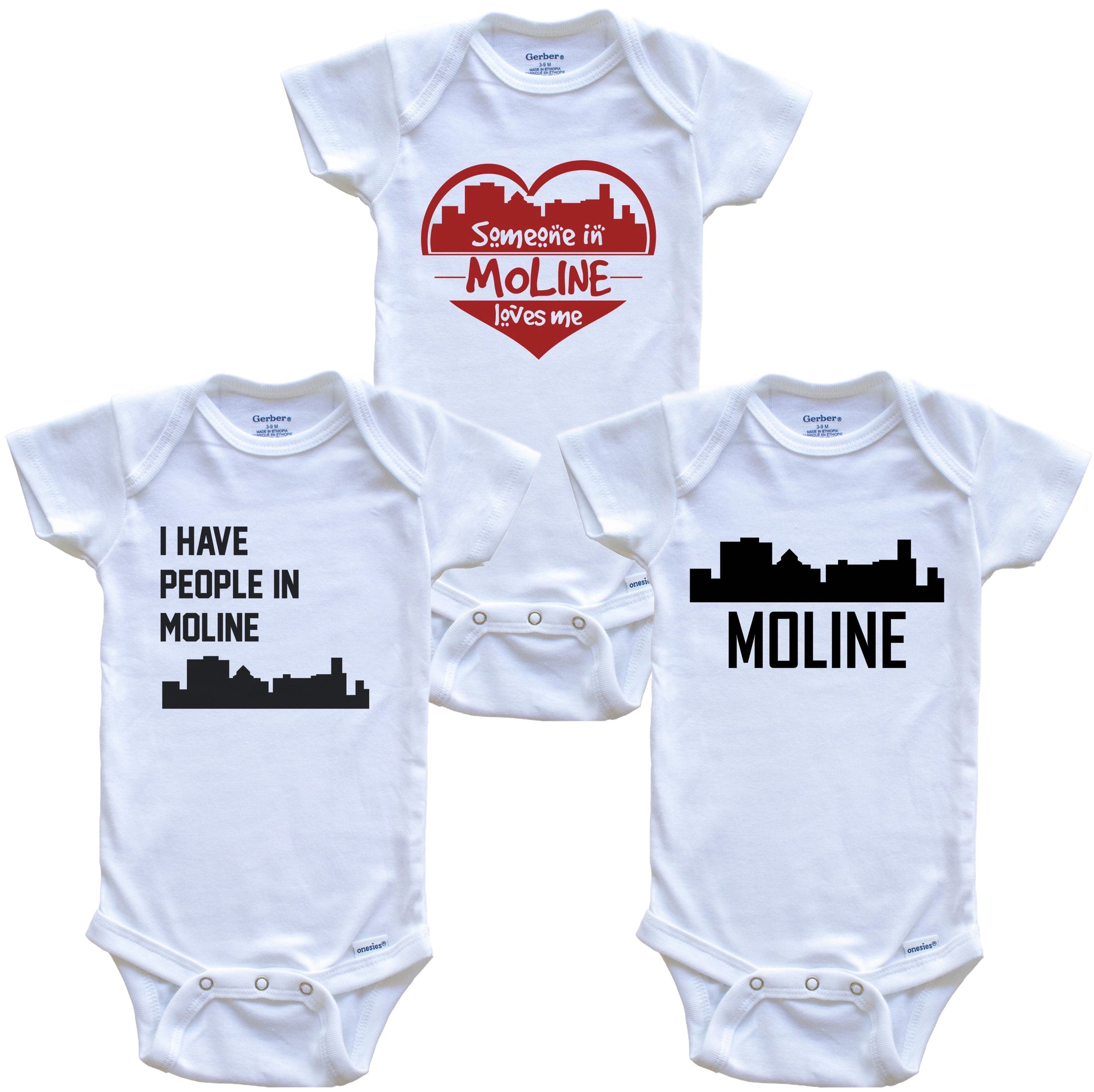 Moline Illinois Skyline Baby Bodysuit Bundle (3 Piece Set)