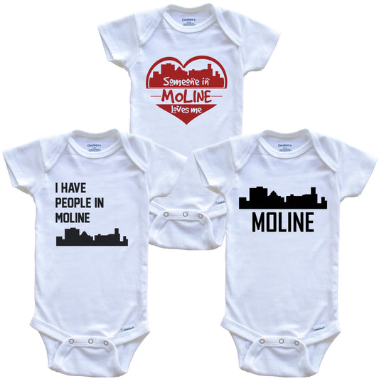 Moline Illinois Skyline Baby Bodysuit Bundle (3 Piece Set)