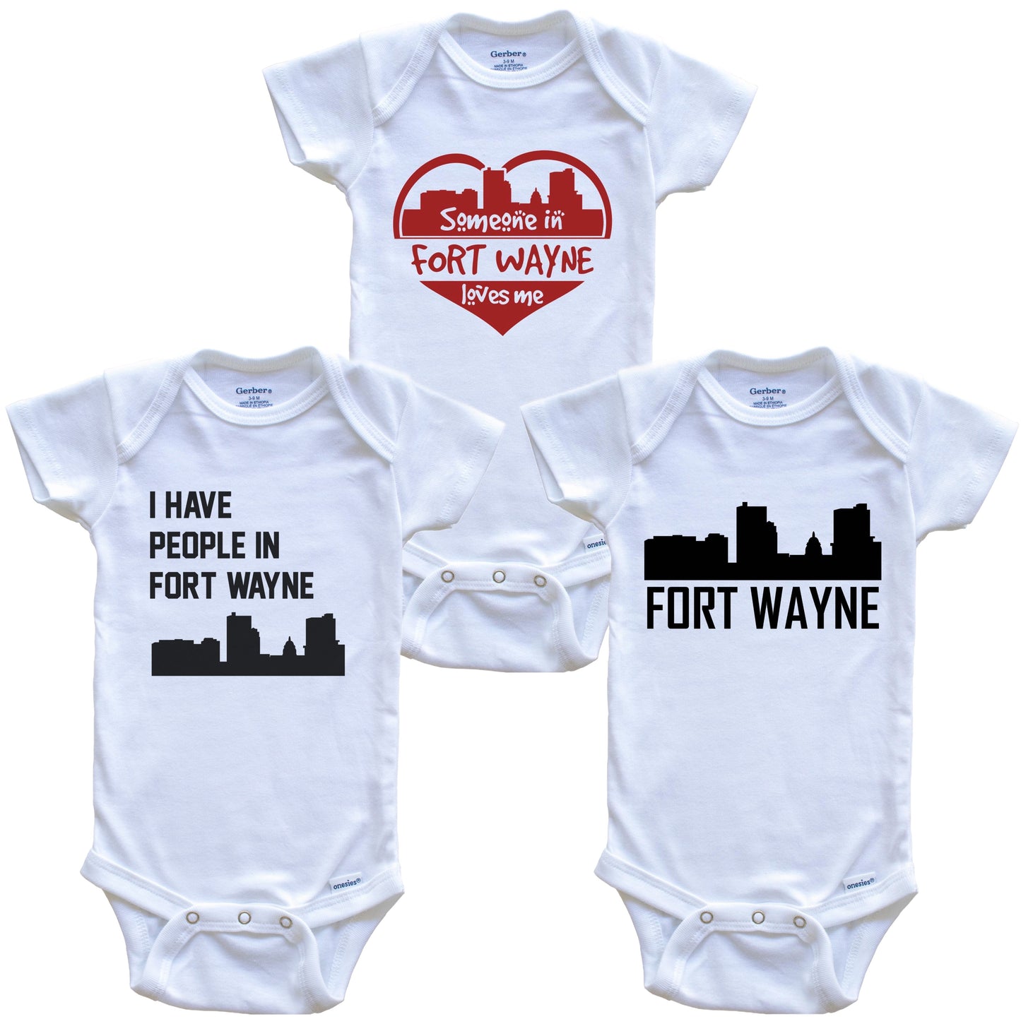 Fort Wayne Indiana Skyline Baby Bodysuit Bundle (3 Piece Set)