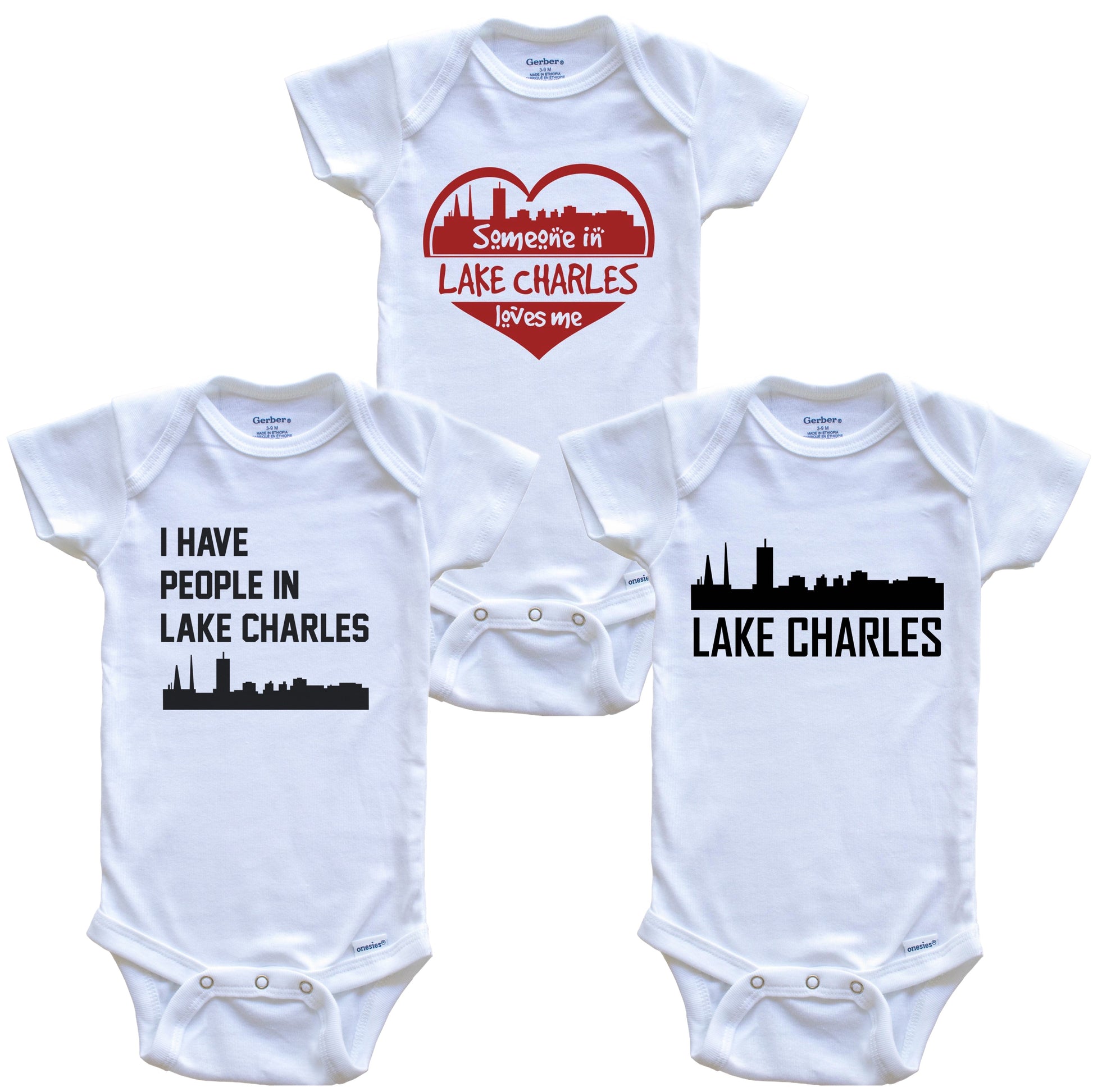 Lake Charles Louisiana Skyline Baby Bodysuit Bundle (3 Piece Set)