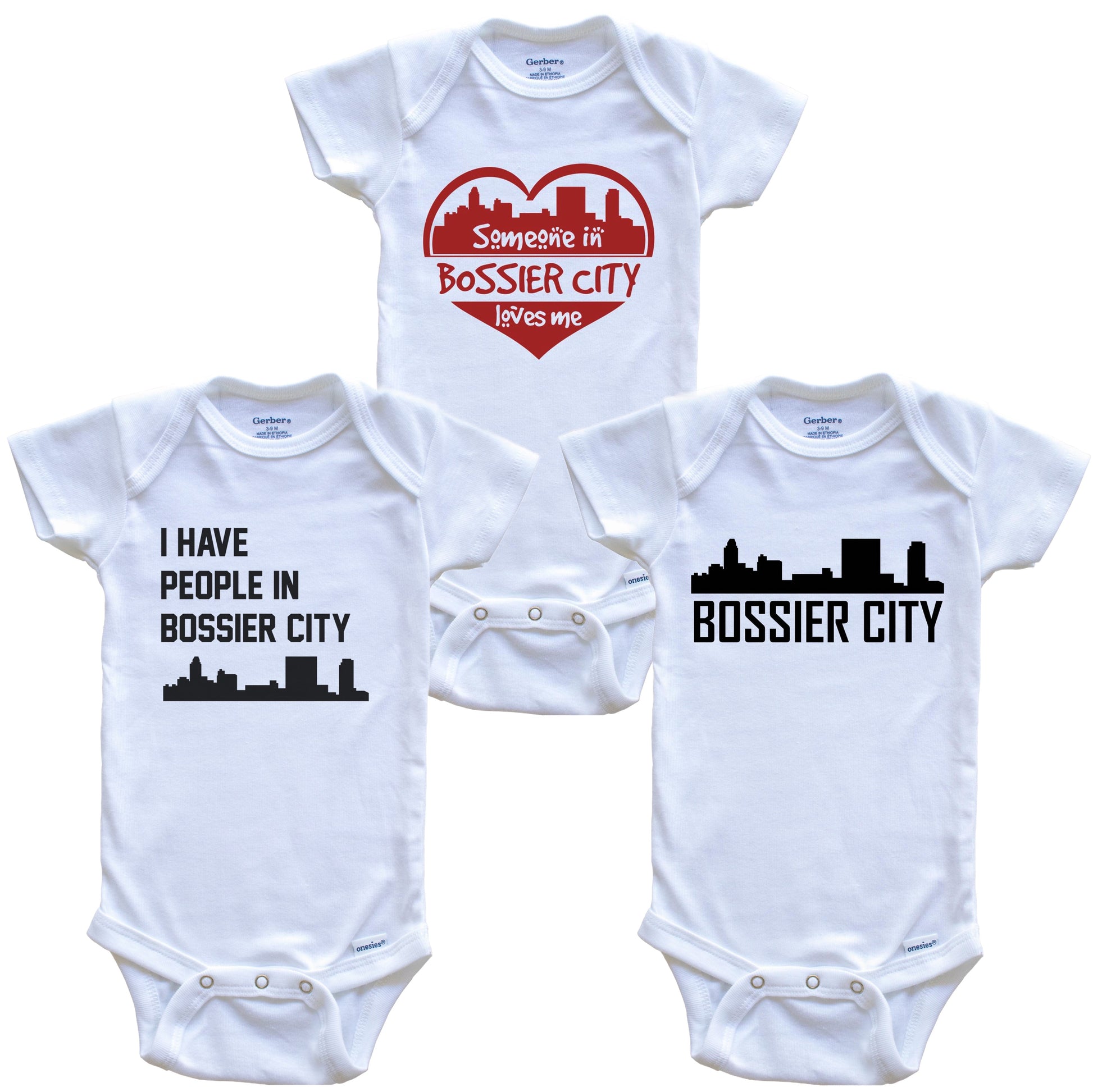 Bossier City Louisiana Skyline Baby Bodysuit Bundle (3 Piece Set)
