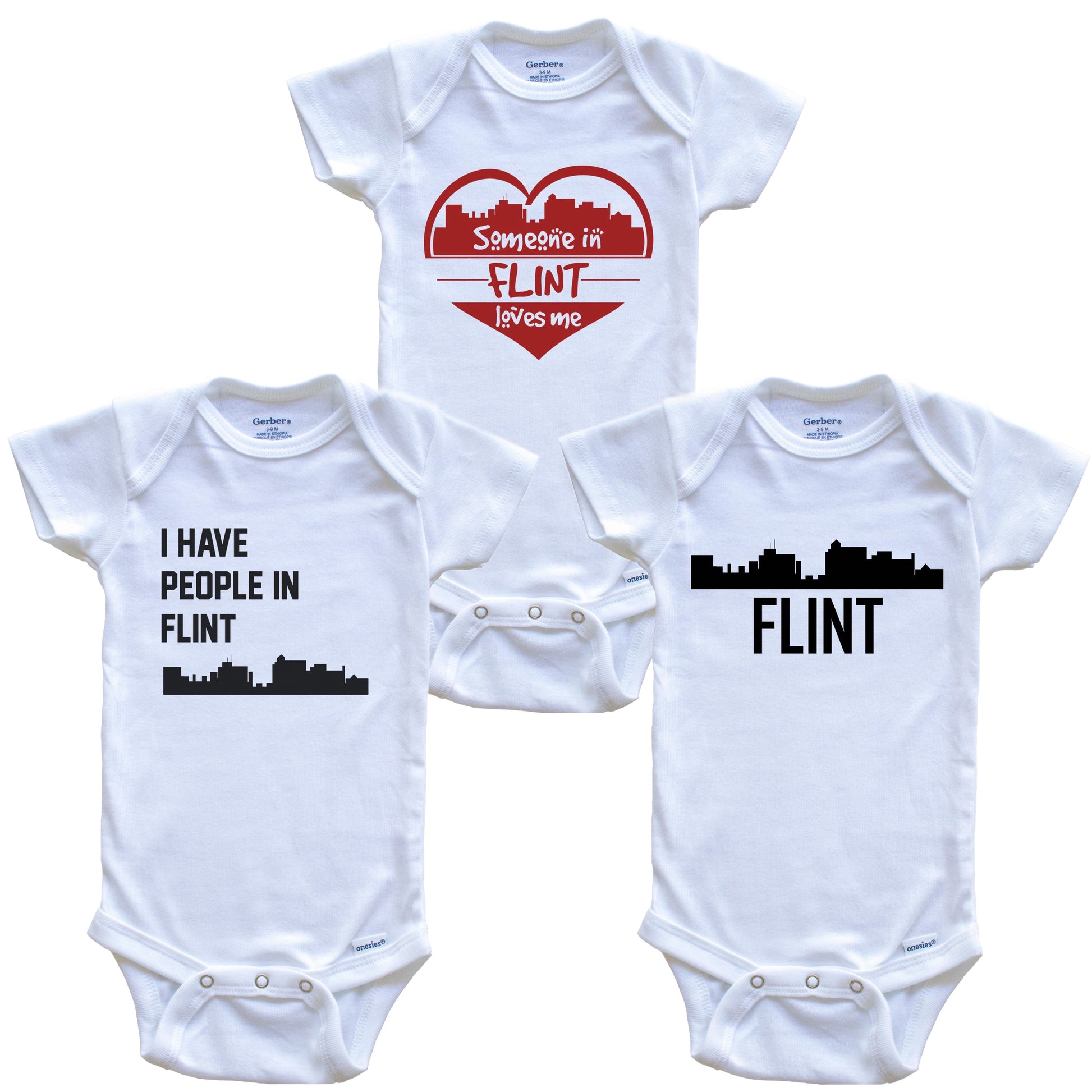 Flint Michigan Skyline Baby Bodysuit Bundle (3 Piece Set)