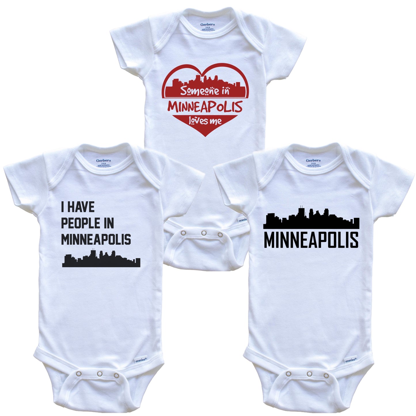Minneapolis Minnesota Skyline Baby Bodysuit Bundle (3 Piece Set)