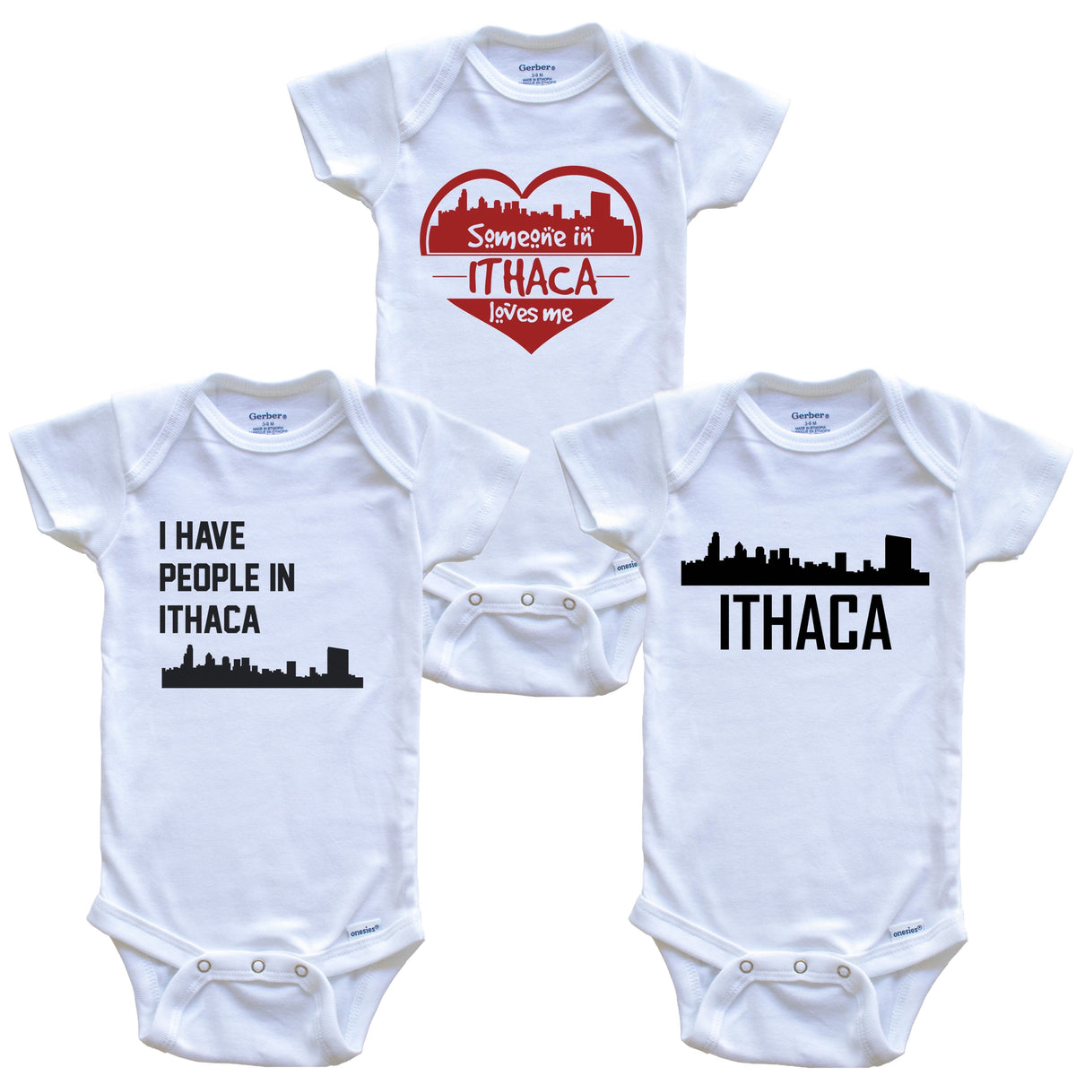 Ithaca New York Skyline Baby Bodysuit Bundle (3 Piece Set)
