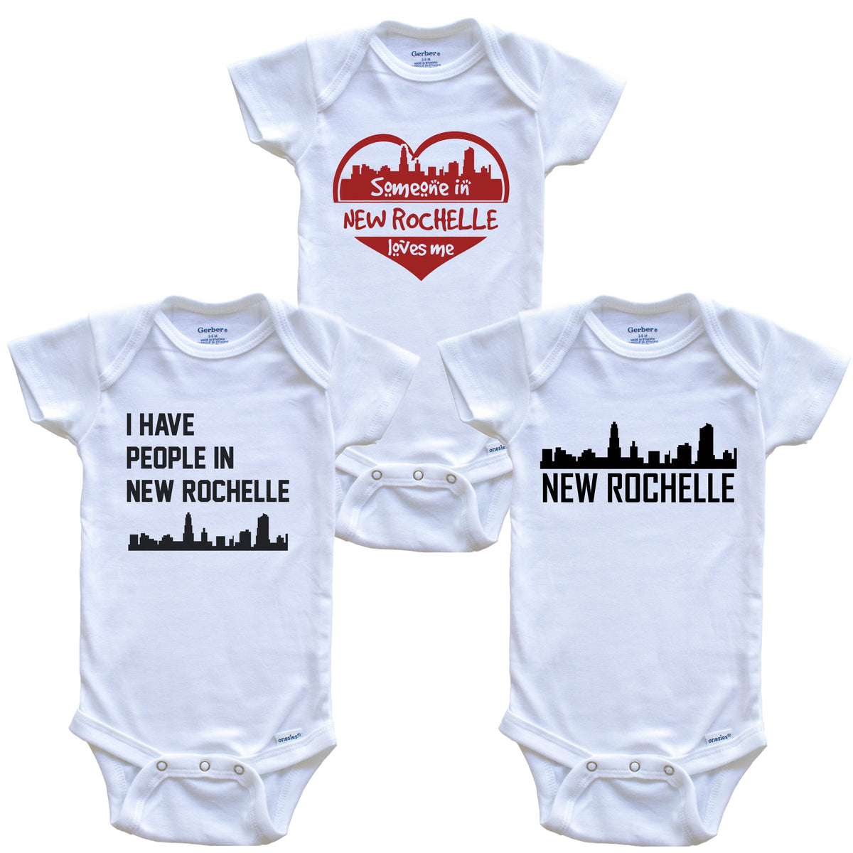 New Rochelle New York Skyline Baby Bodysuit Bundle (3 Piece Set)