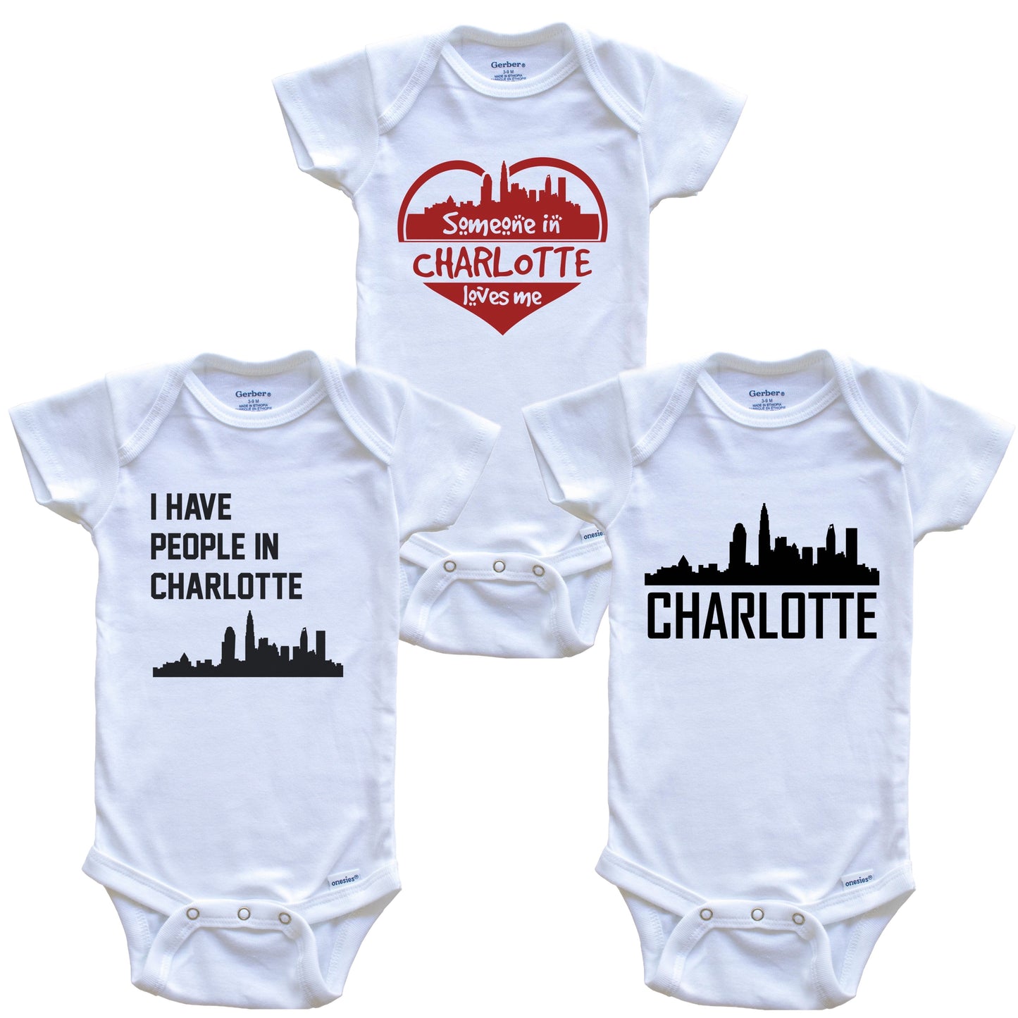Charlotte North Carolina Skyline Baby Bodysuit Bundle (3 Piece Set)