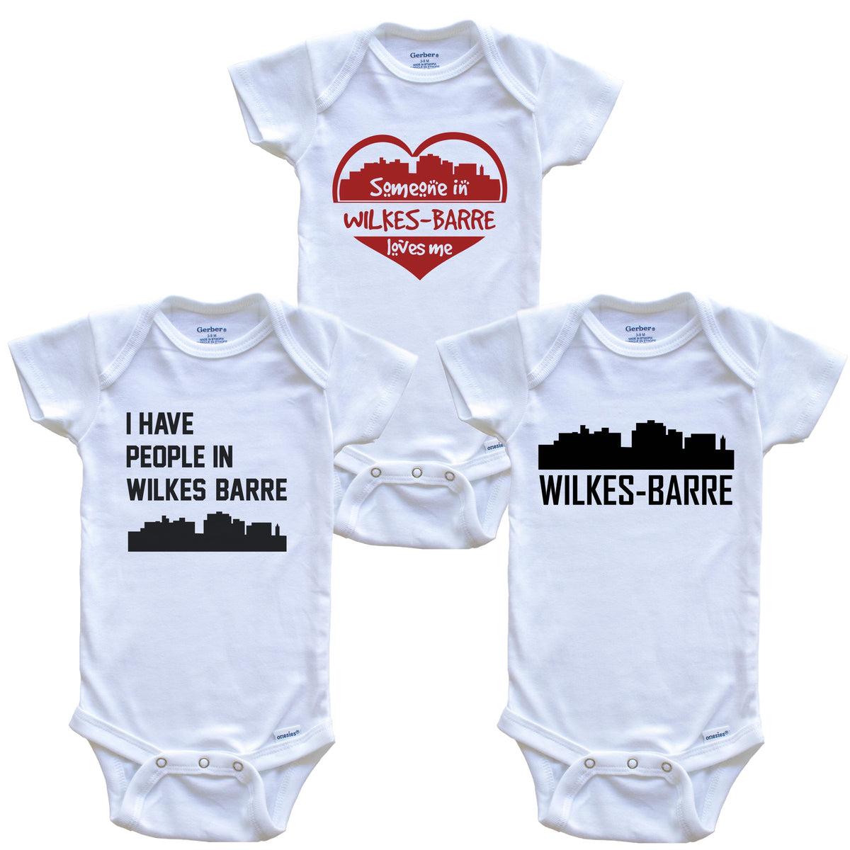 Wilkes-Barre Pennsylvania Skyline Baby Bodysuit Bundle (3 Piece Set)
