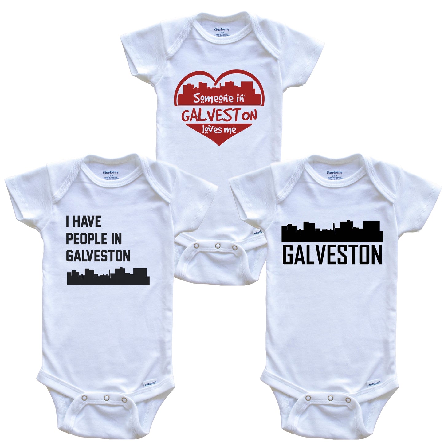 Galveston Texas Skyline Baby Bodysuit Bundle (3 Piece Set)
