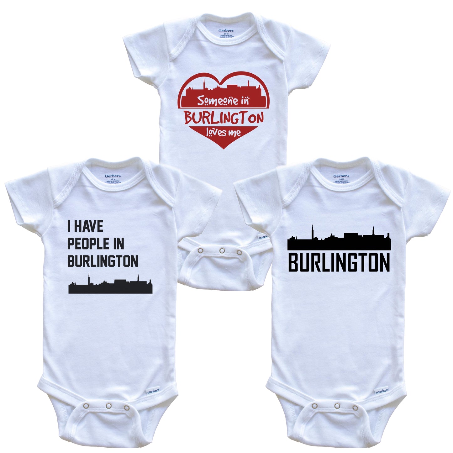 Burlington Vermont Skyline Baby Bodysuit Bundle (3 Piece Set)