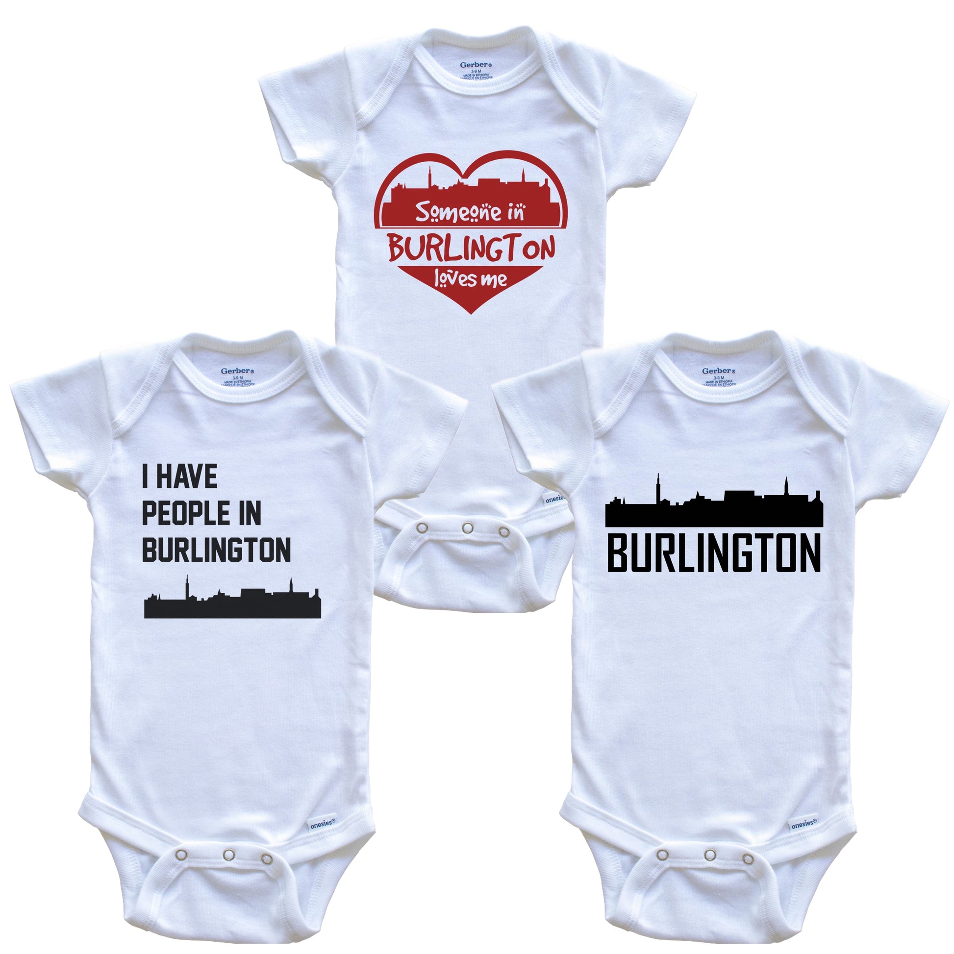 Burlington Vermont Skyline Baby Bodysuit Bundle (3 Piece Set)