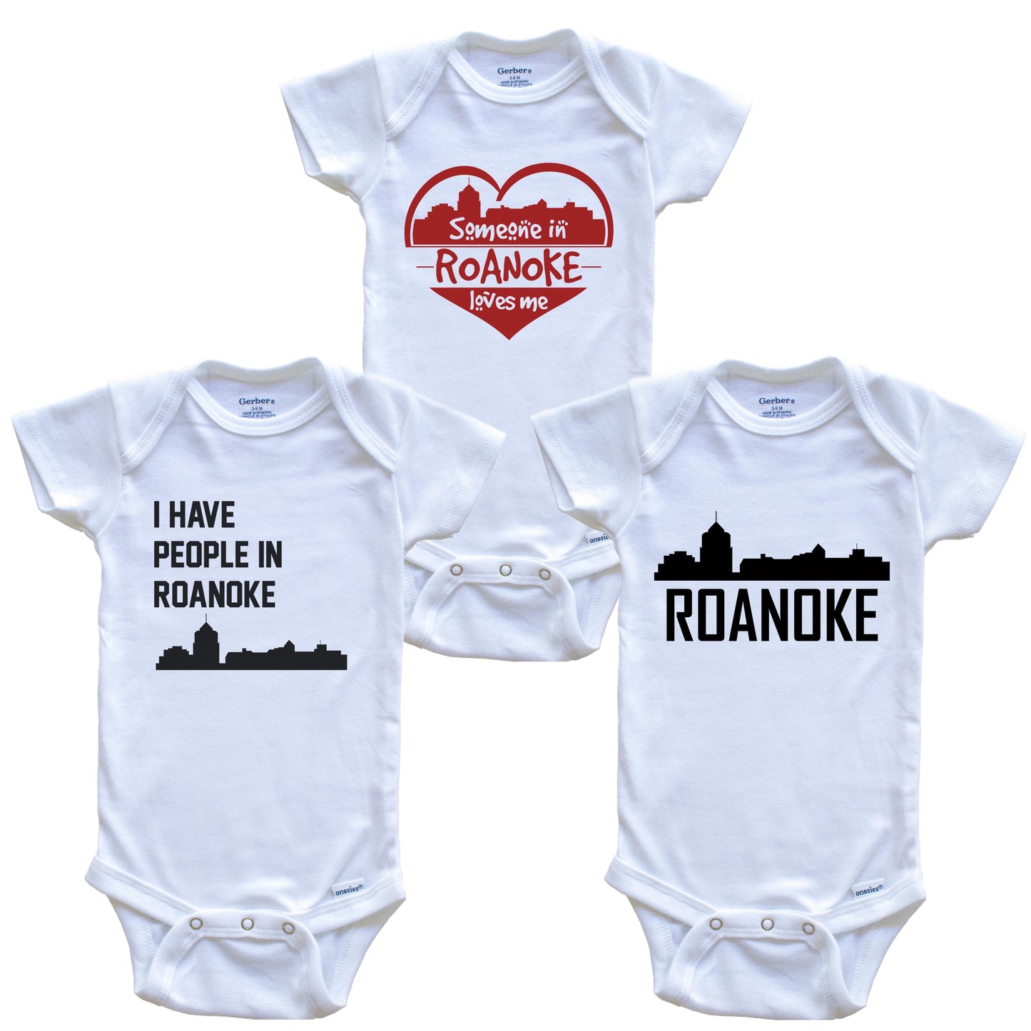 Roanoke Virginia Skyline Baby Bodysuit Bundle (3 Piece Set)