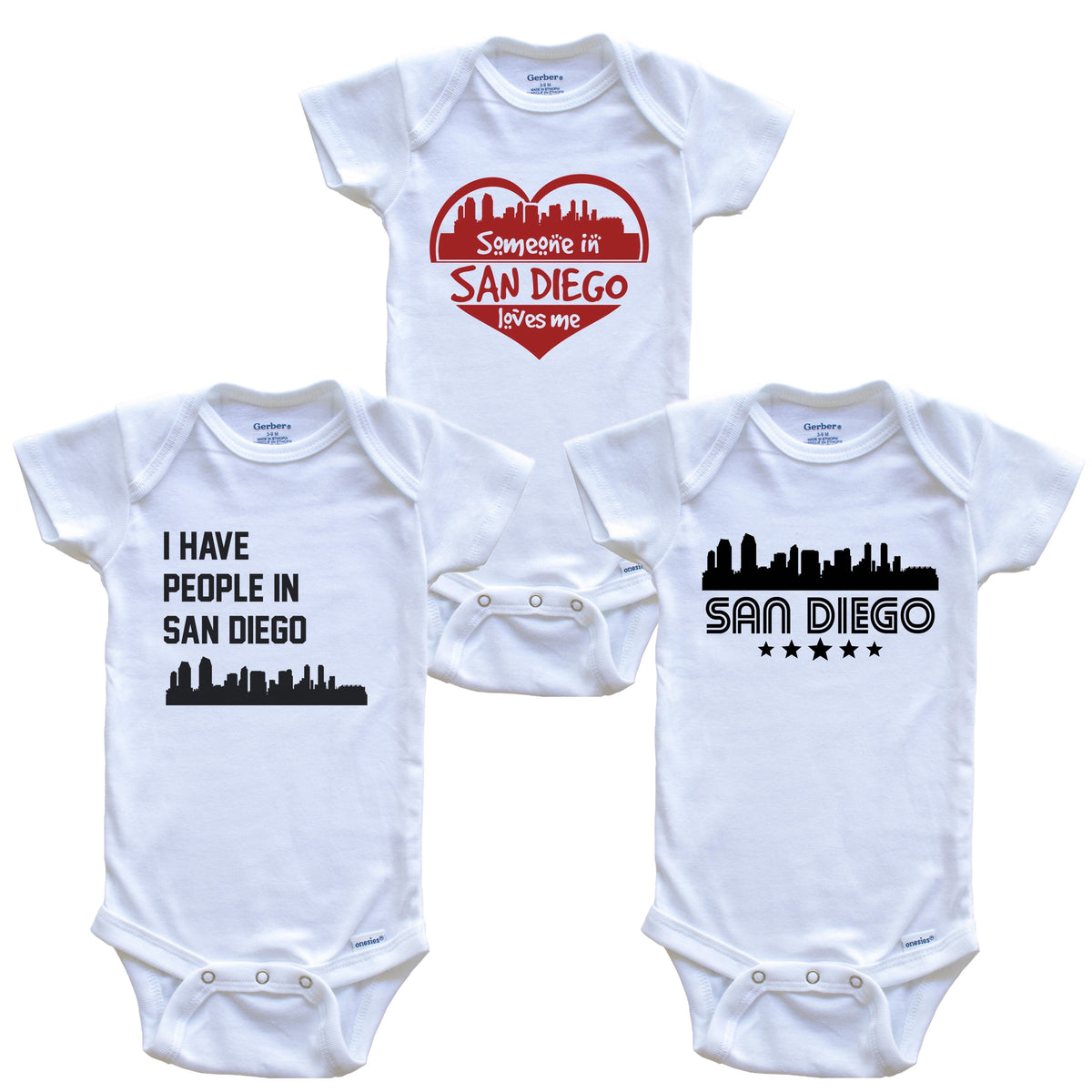 San Diego California Skyline Baby Bodysuit Bundle (3 Piece Set)