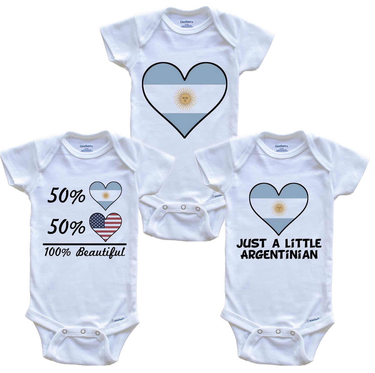 Argentinian American Heart Flag Baby Bodysuit Bundle (3 Piece Set)