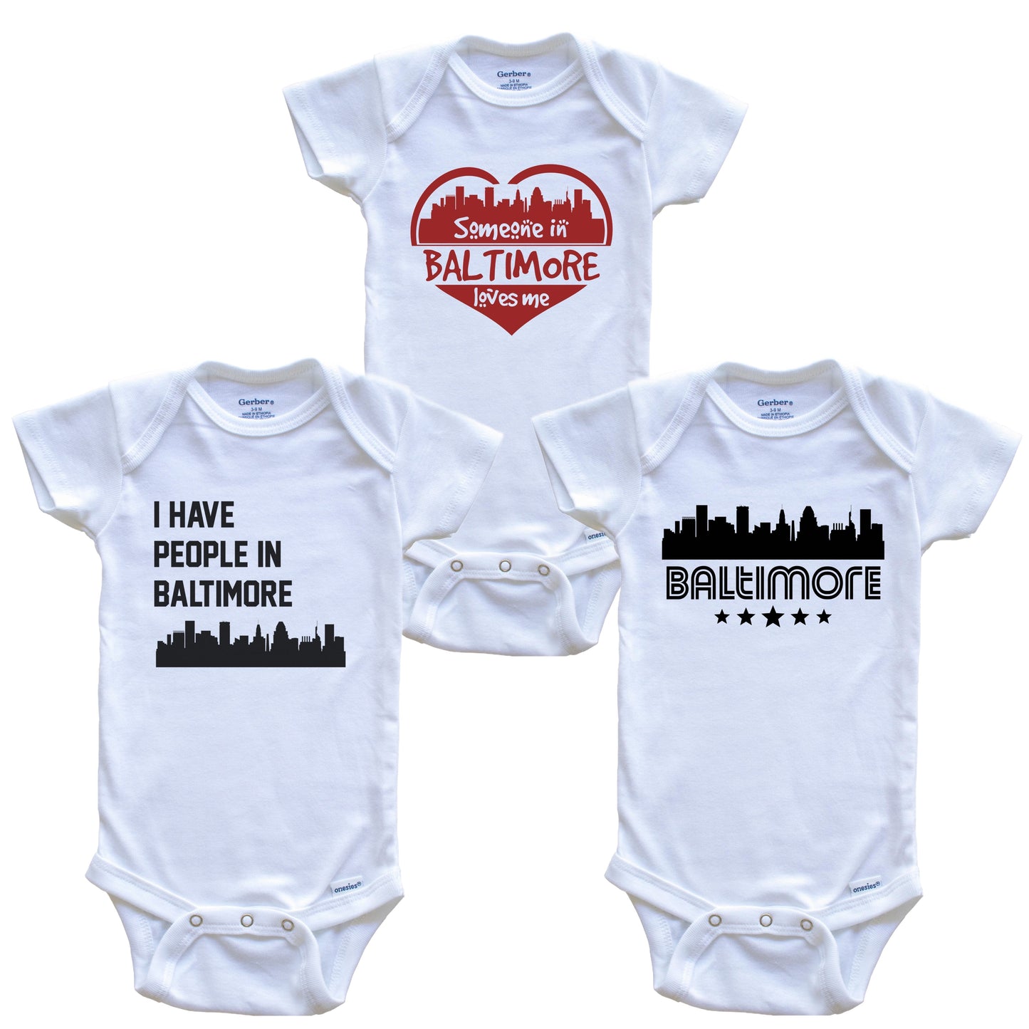 Baltimore Maryland Skyline Baby Bodysuit Bundle (3 Piece Set)