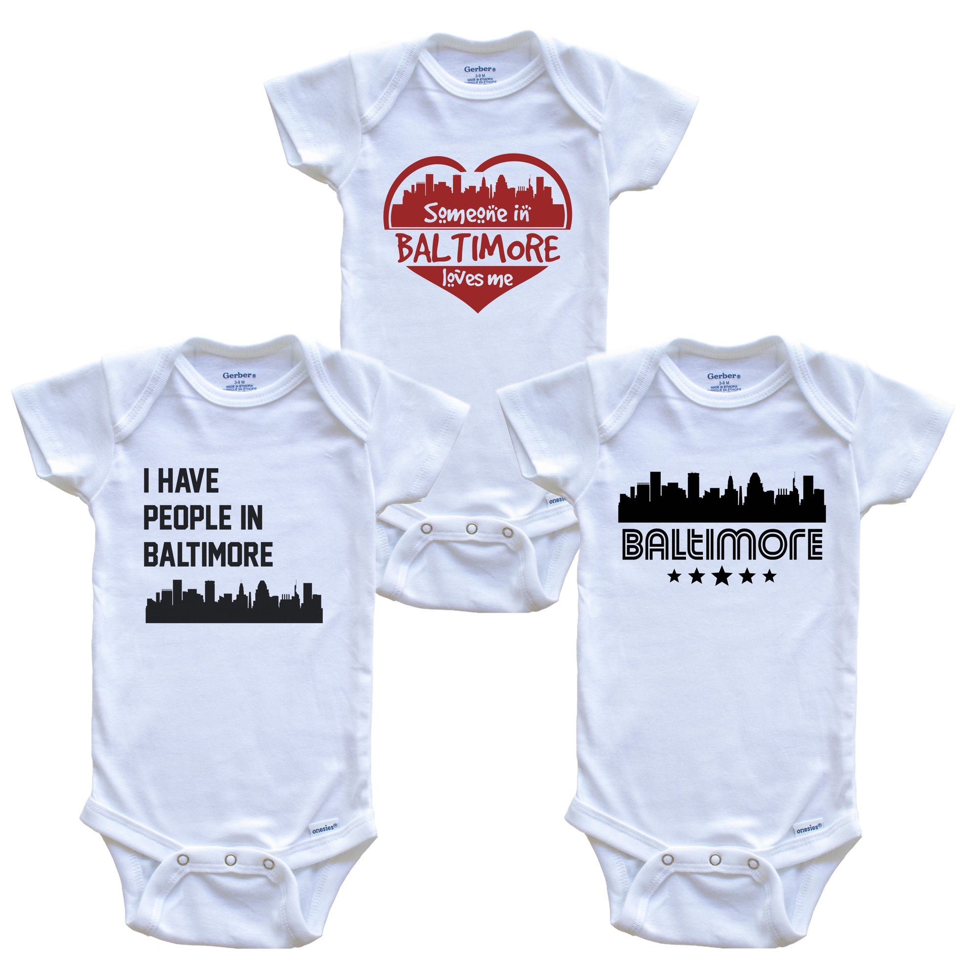 Baltimore Maryland Skyline Baby Bodysuit Bundle (3 Piece Set)
