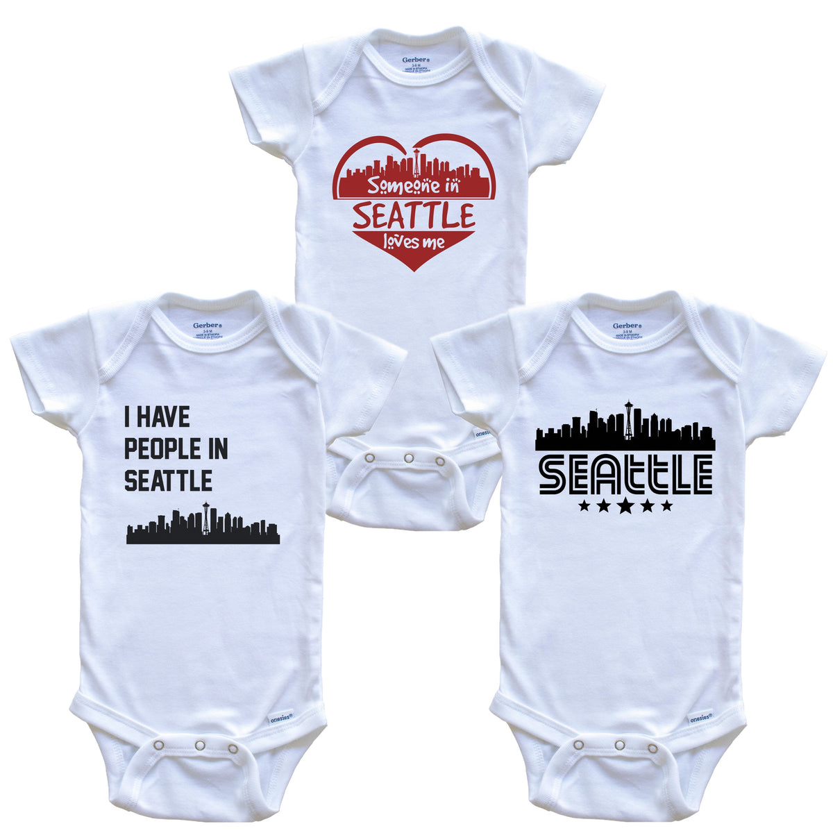 Seattle Washington Skyline Baby Bodysuit Bundle (3 Piece Set)