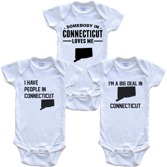 Somebody in Connecticut Loves Me Baby Bodysuit Bundle (3 Piece Gift Set)