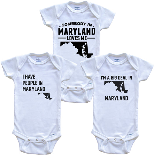 Somebody in Maryland Loves Me Baby Bodysuit Bundle (3 Piece Gift Set)